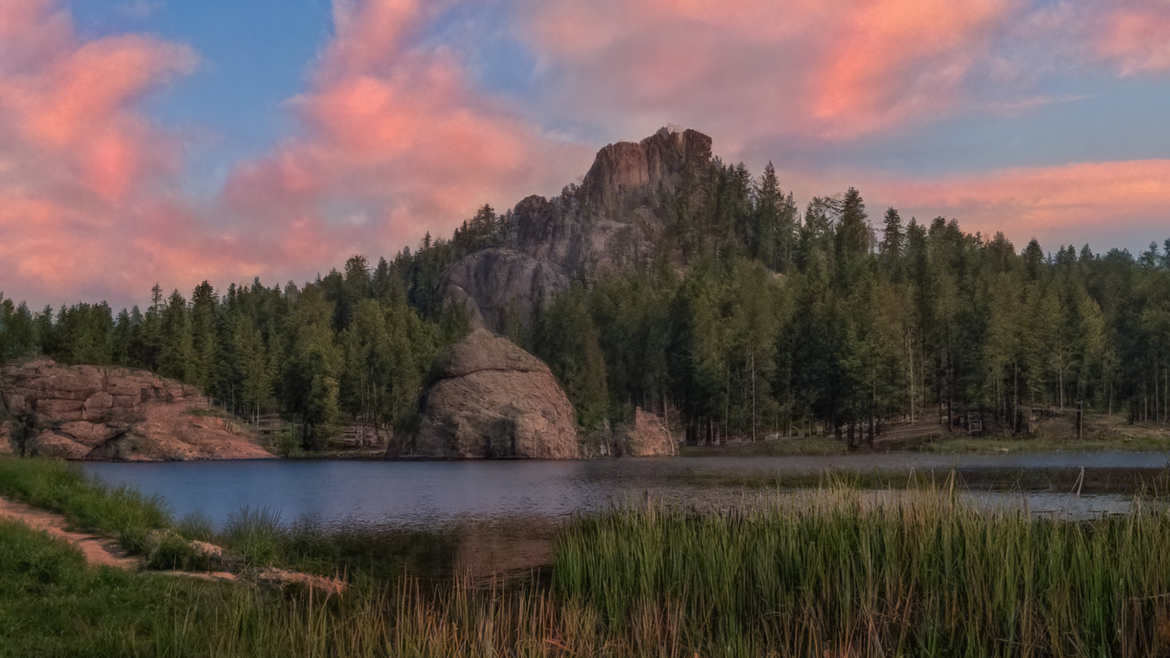 4K lake and forest landscape at sunset HD Wallpaper