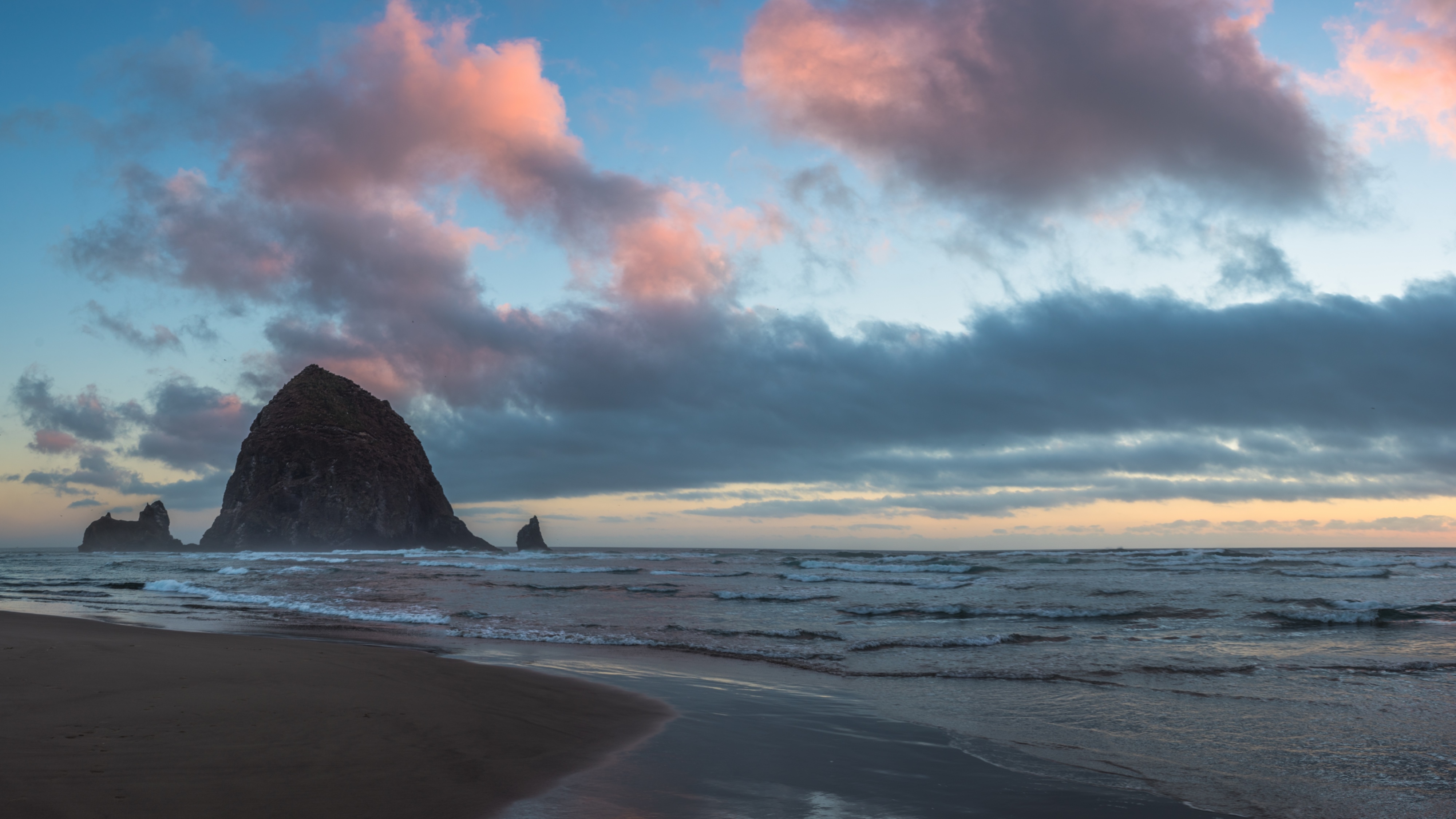 4K landscape of Haystack Rock at sunset HD Wallpaper