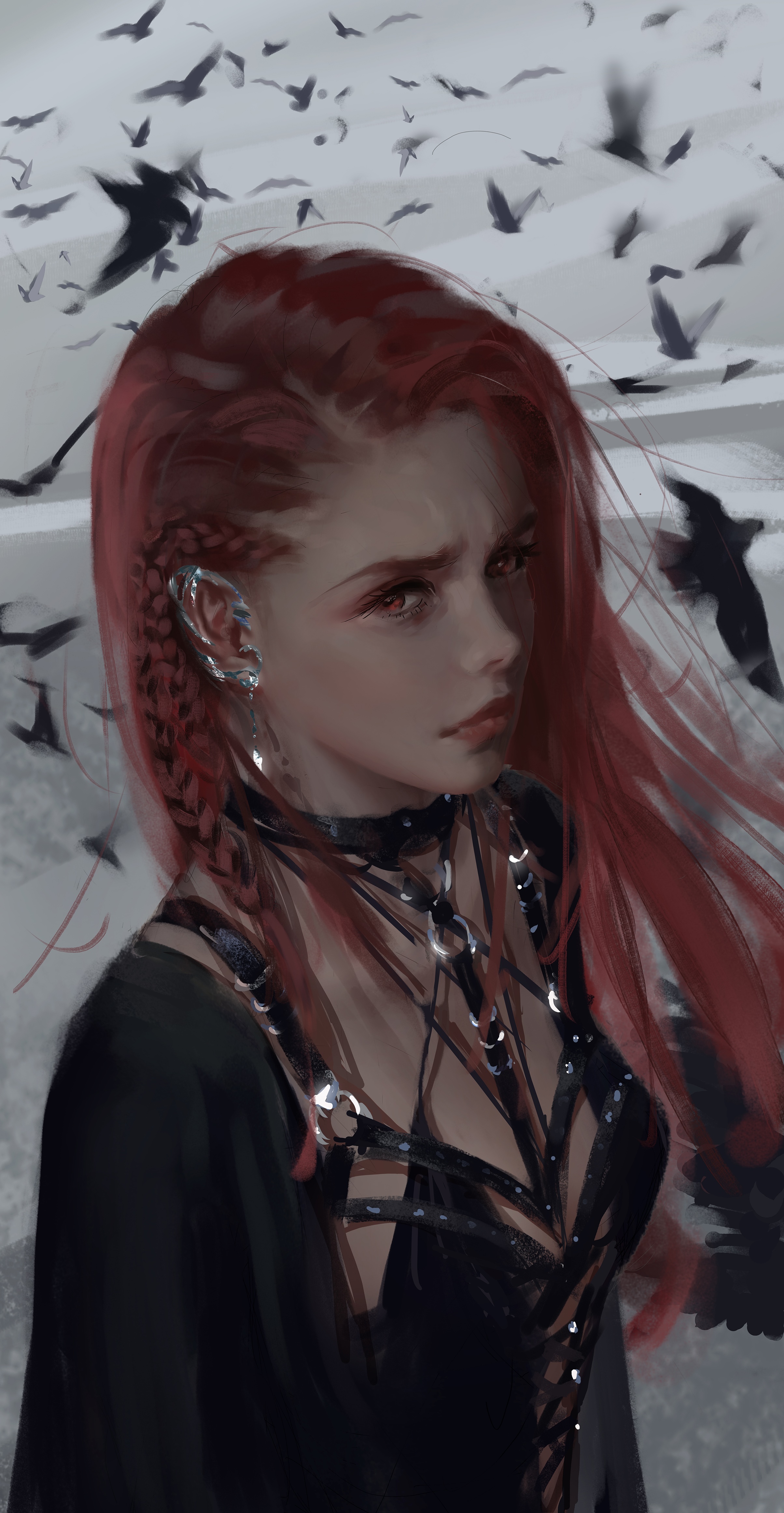 Fantasy girl with red hair and crows HD Phone Wallpaper