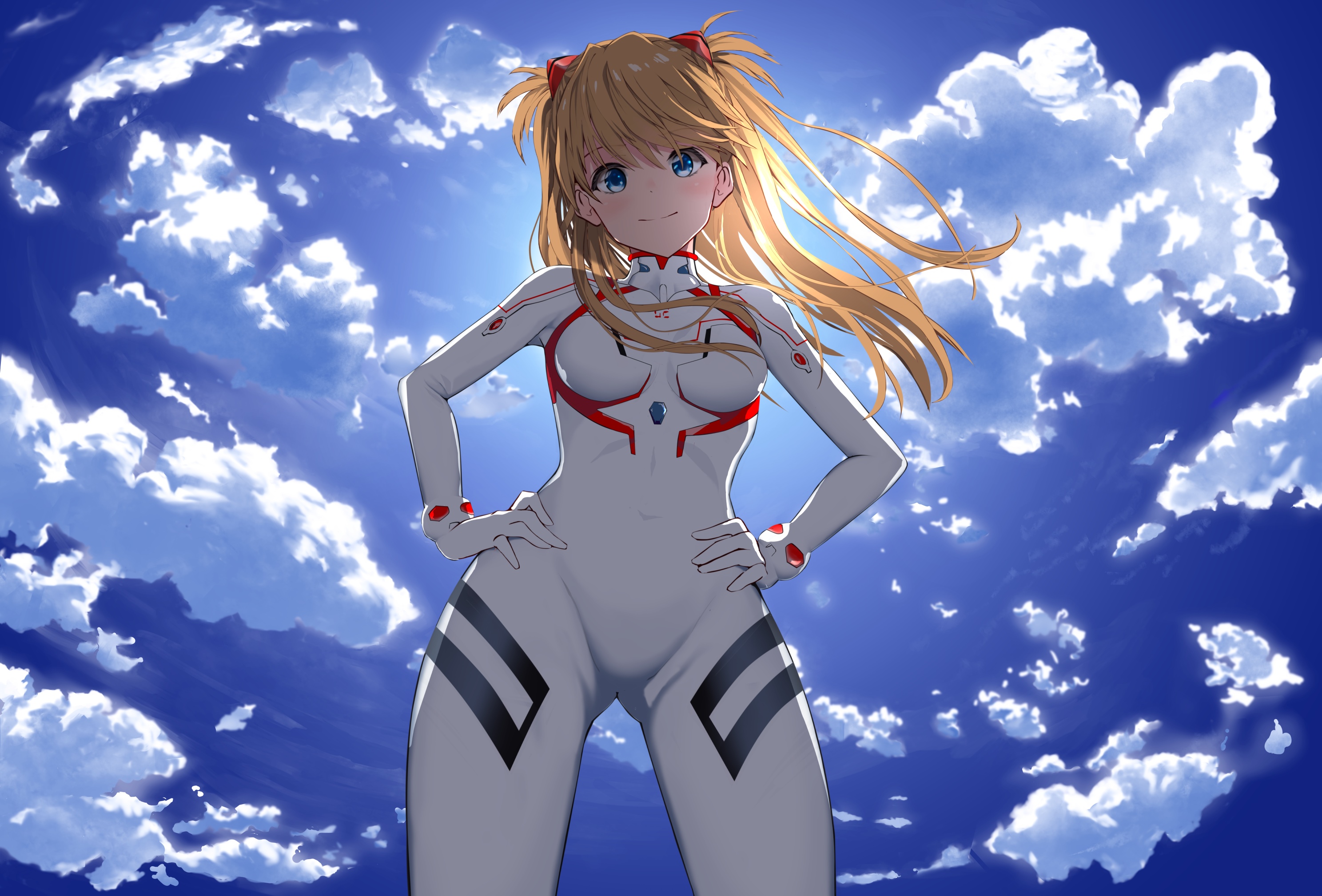 Asuka Langley Soryu in a white bodysuit against a cloudy sky HD Wallpaper