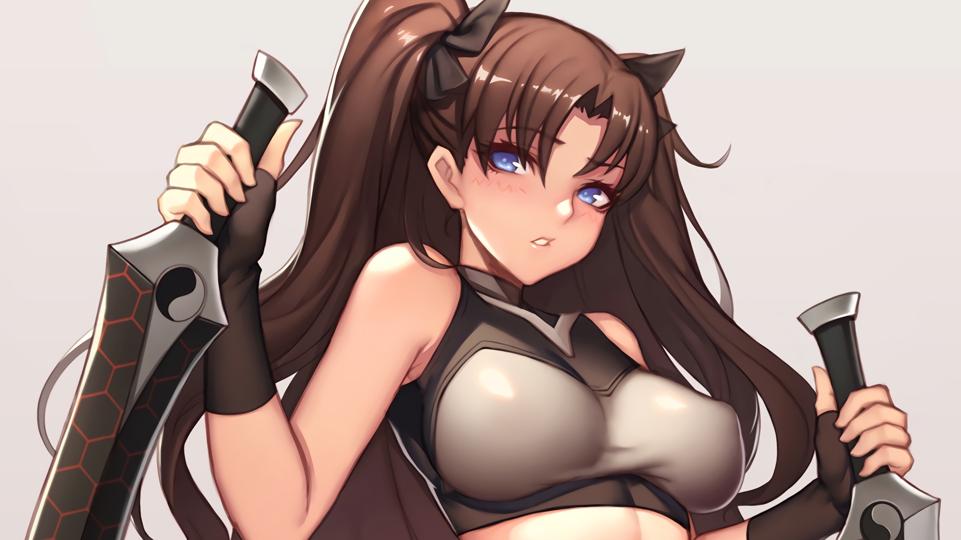 Tohsaka Rin from Fate/Grand Order holding swords HD Wallpaper