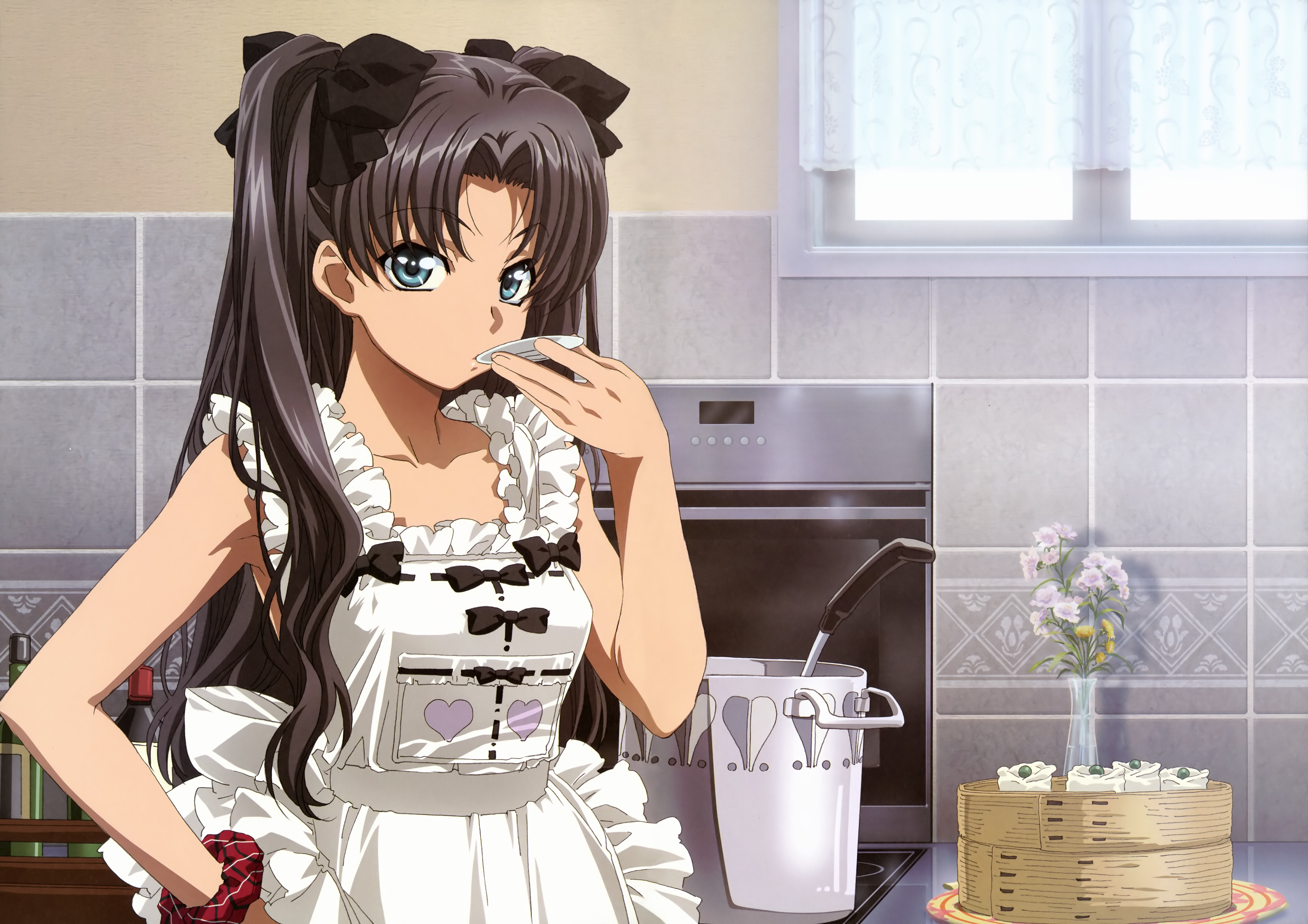 Tohsaka Rin in an apron in the kitchen HD Wallpaper