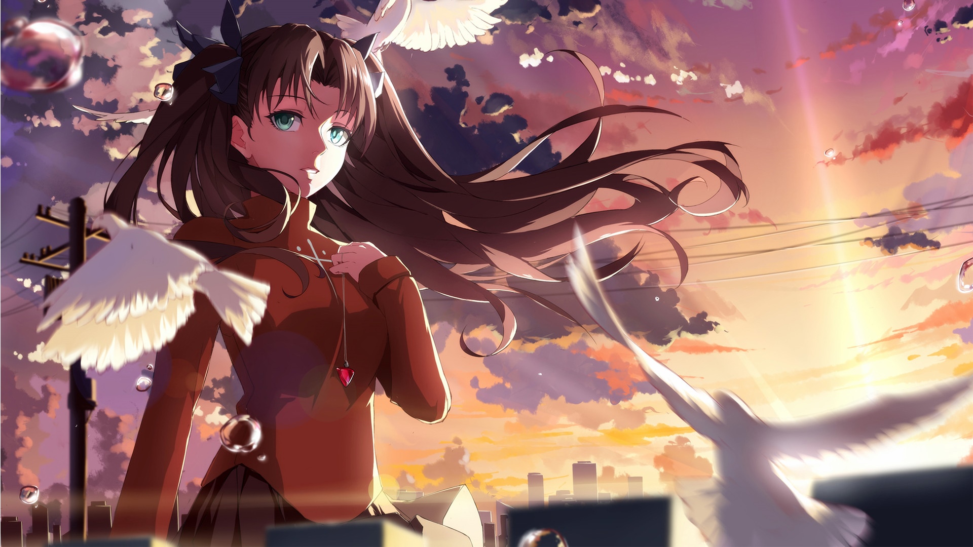 Tohsaka Rin from Fate/Grand Order with Birds HD Wallpaper