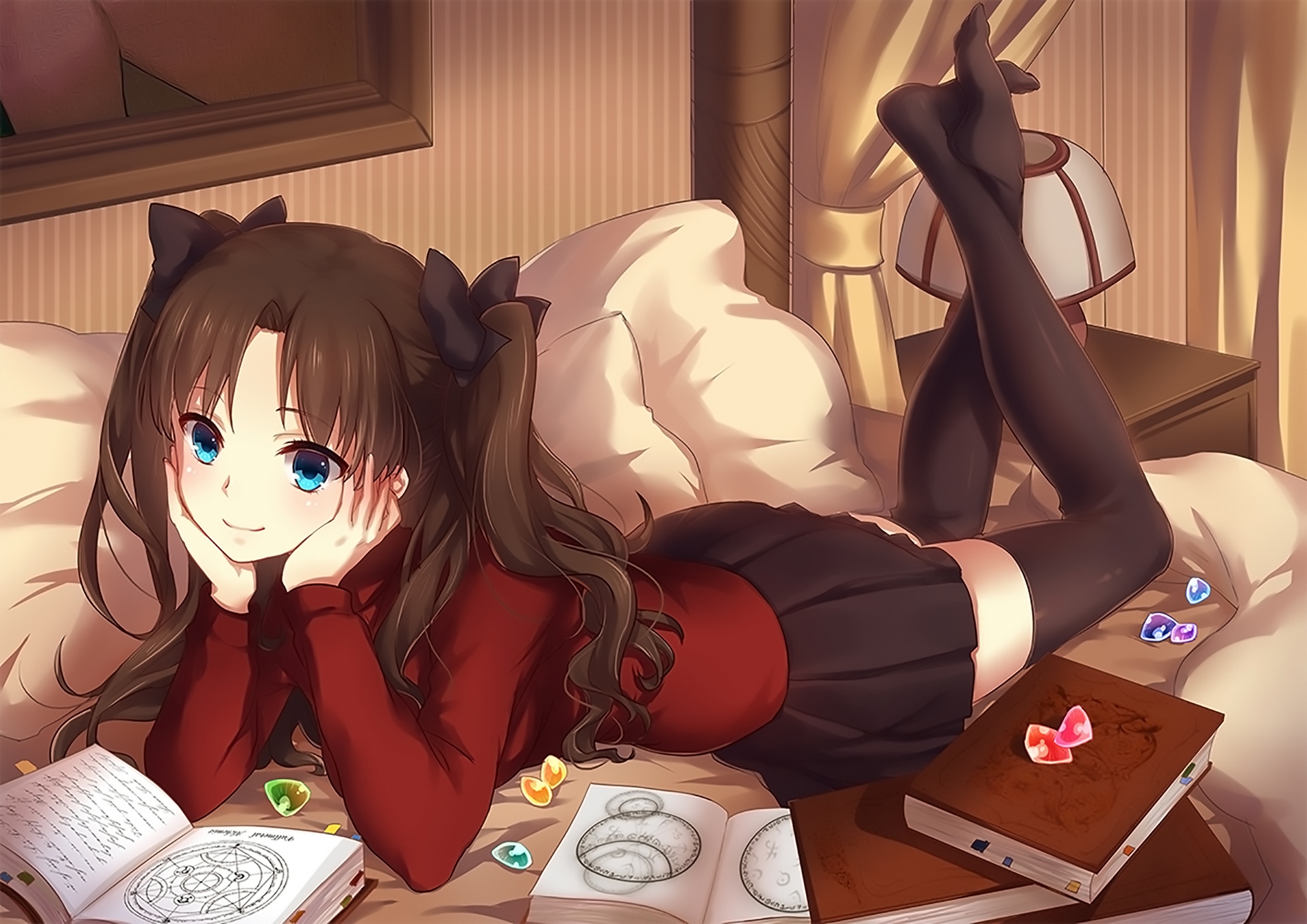 Tohsaka Rin from Fate/Grand Order lying on a bed HD Wallpaper