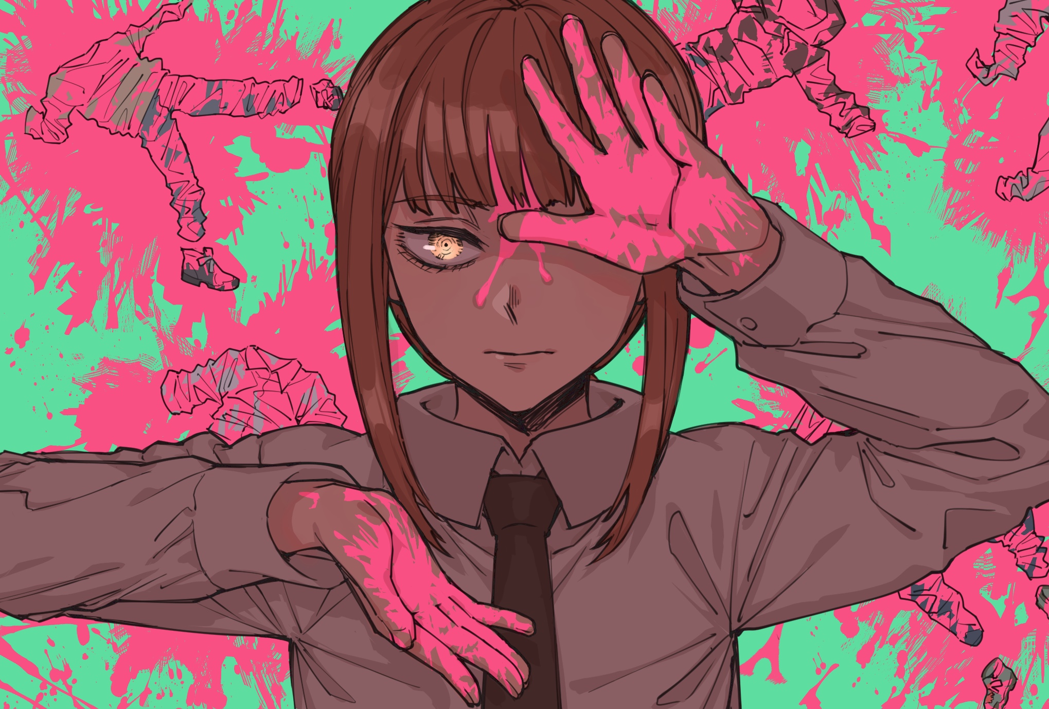 Makima from Chainsaw Man with pink splatters HD Wallpaper