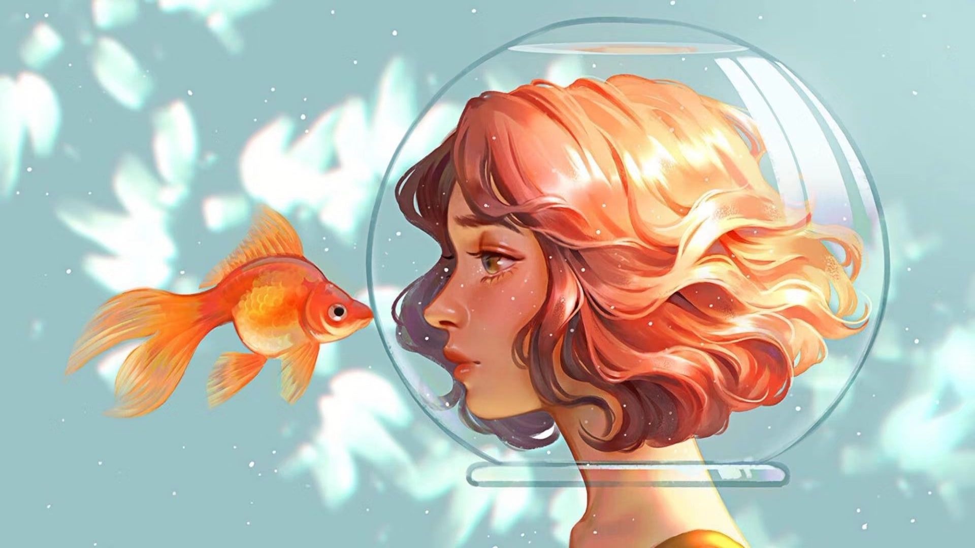 Artwork of a girl in a fishbowl with a goldfish HD Wallpaper