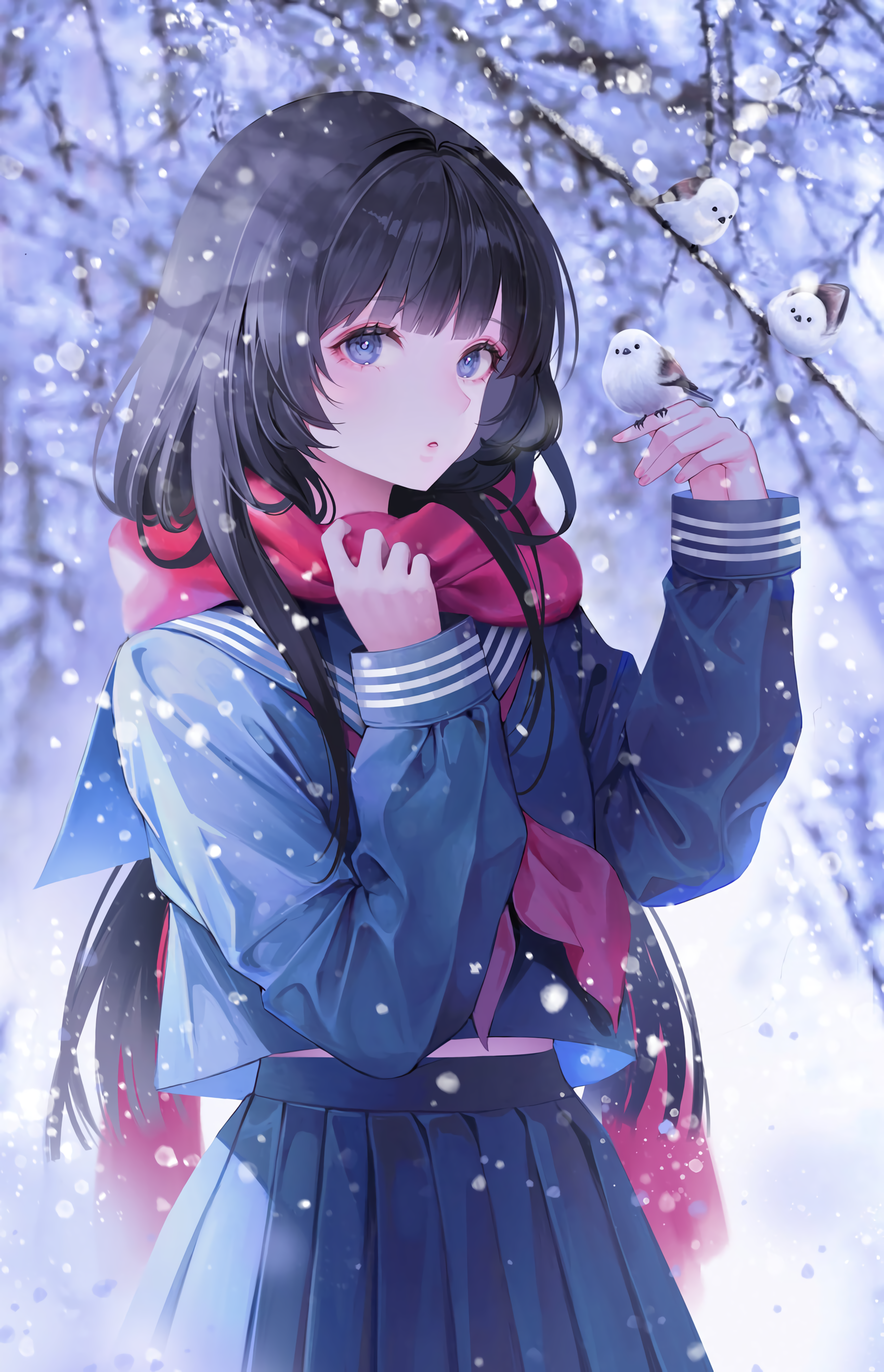 Girl in school uniform with birds in winter snow HD Phone Wallpaper
