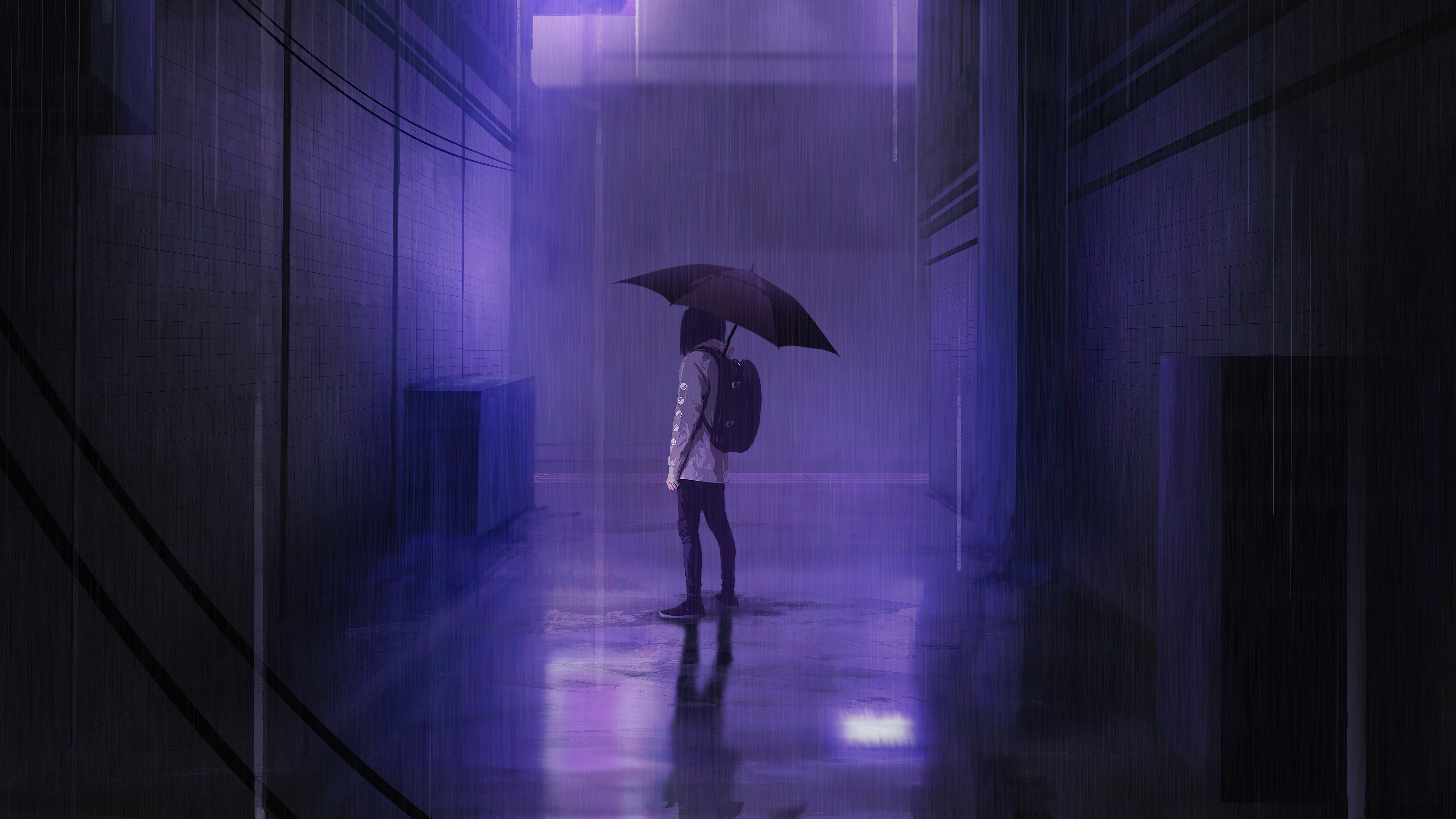 Person with umbrella in the rain at night HD Wallpaper