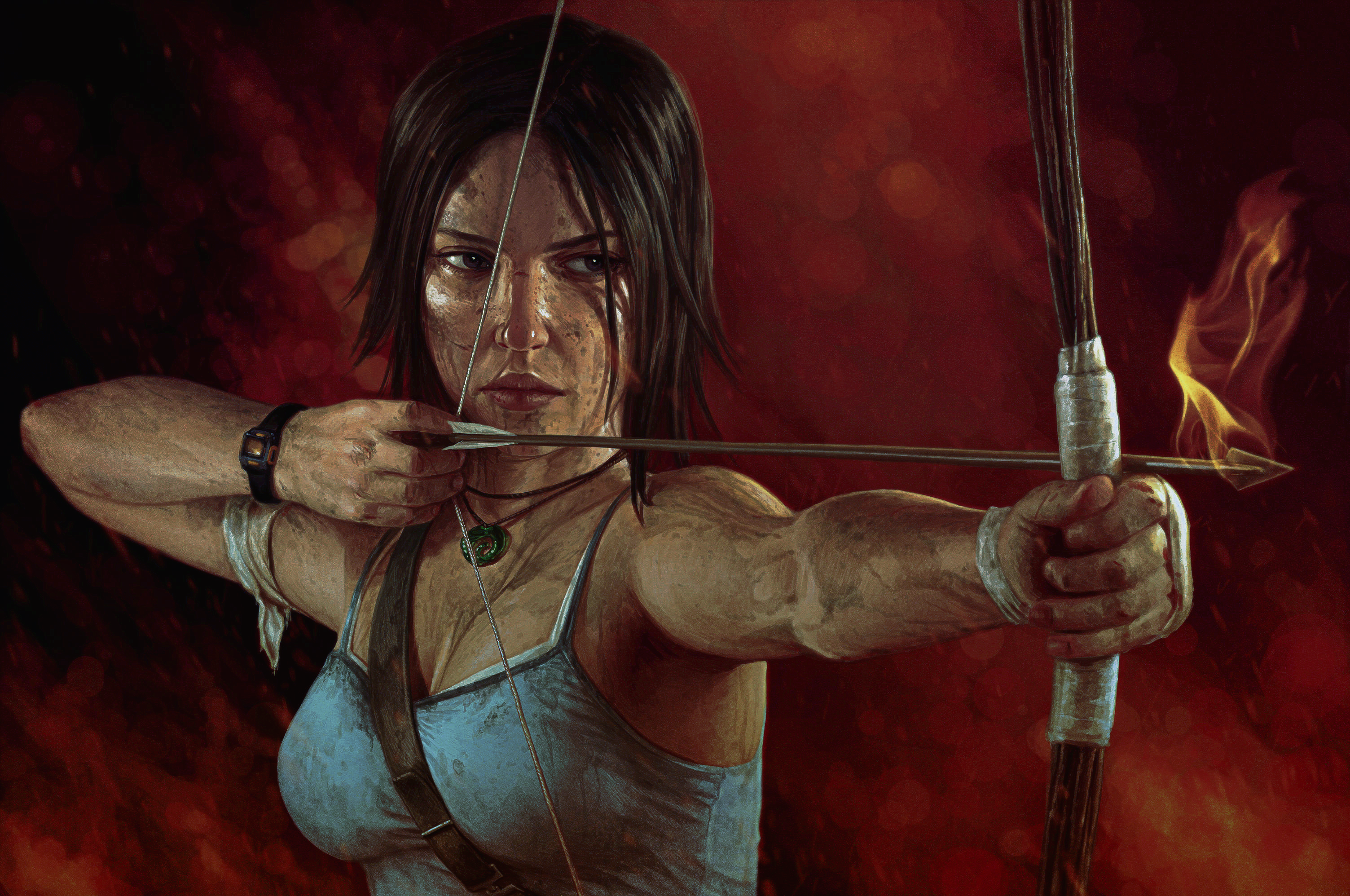 Lara Croft aiming a bow and arrow HD Wallpaper