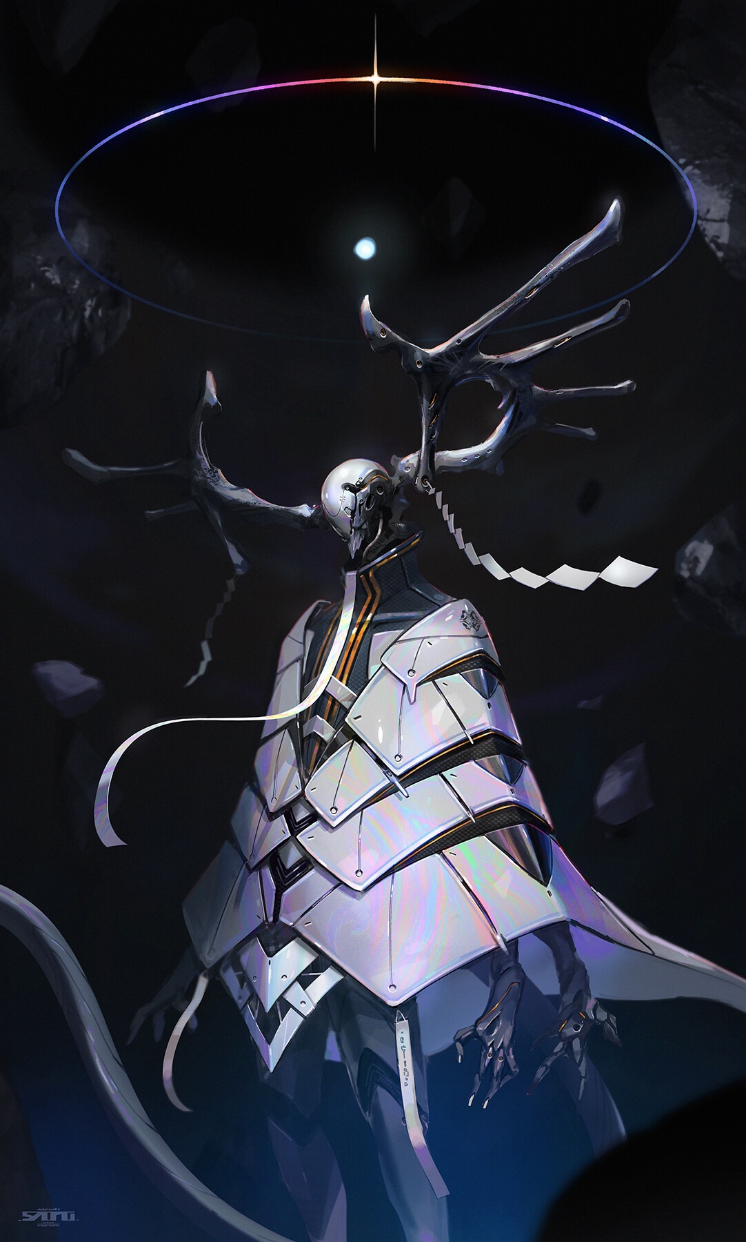 Futuristic character with antlers and armor HD Phone Wallpaper