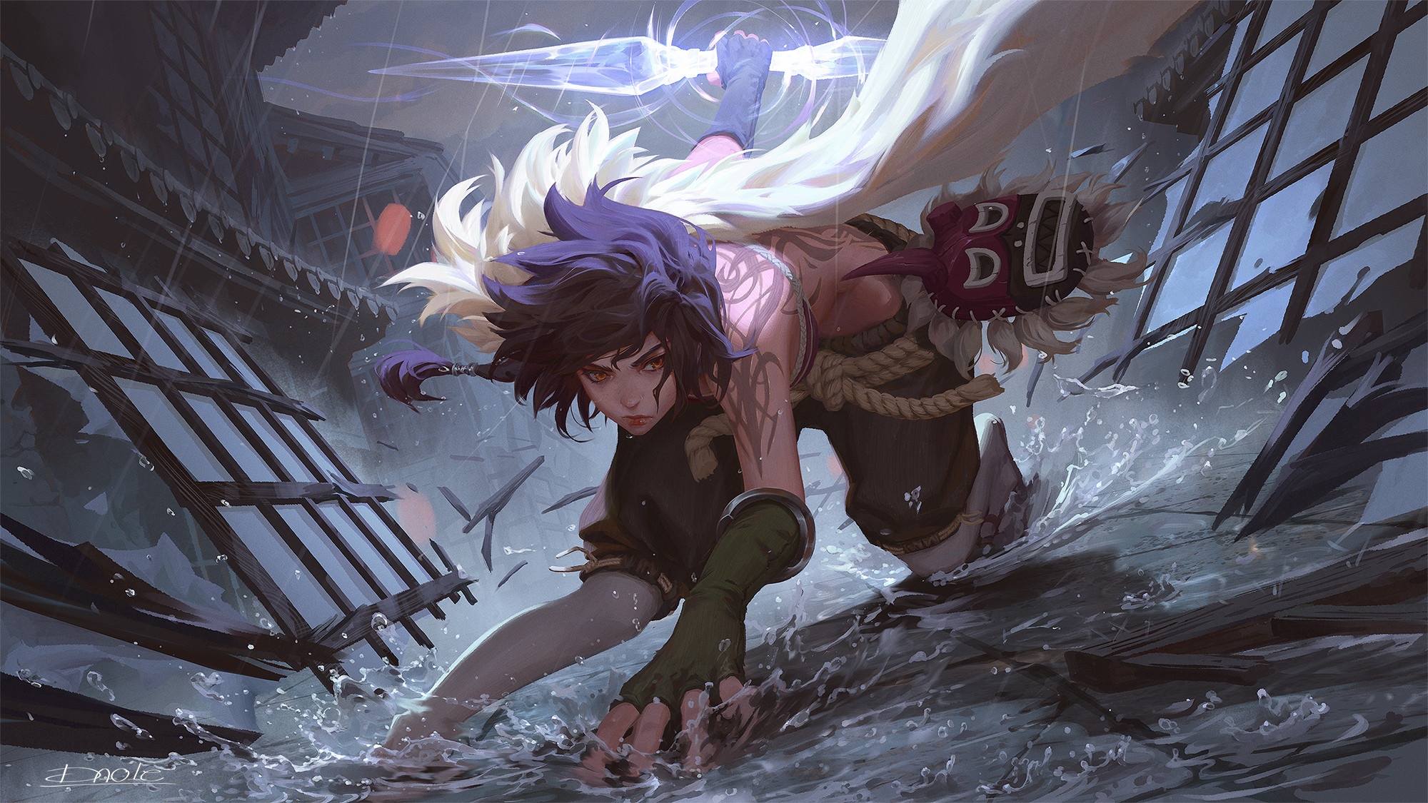 Anime girl with a mask and sword in the rain HD Wallpaper