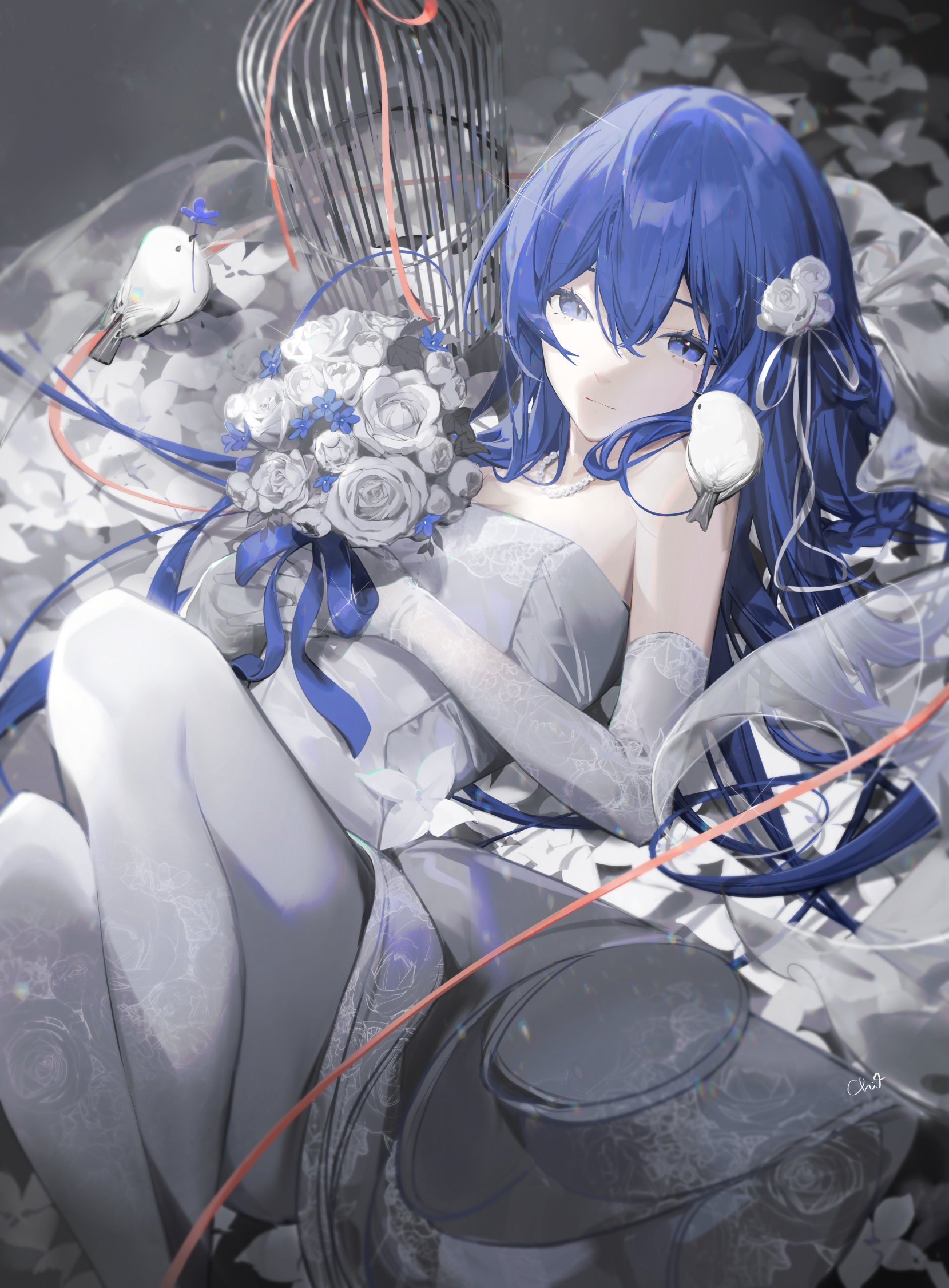 chi4 in a wedding dress with blue hair and birds HD Phone Wallpaper