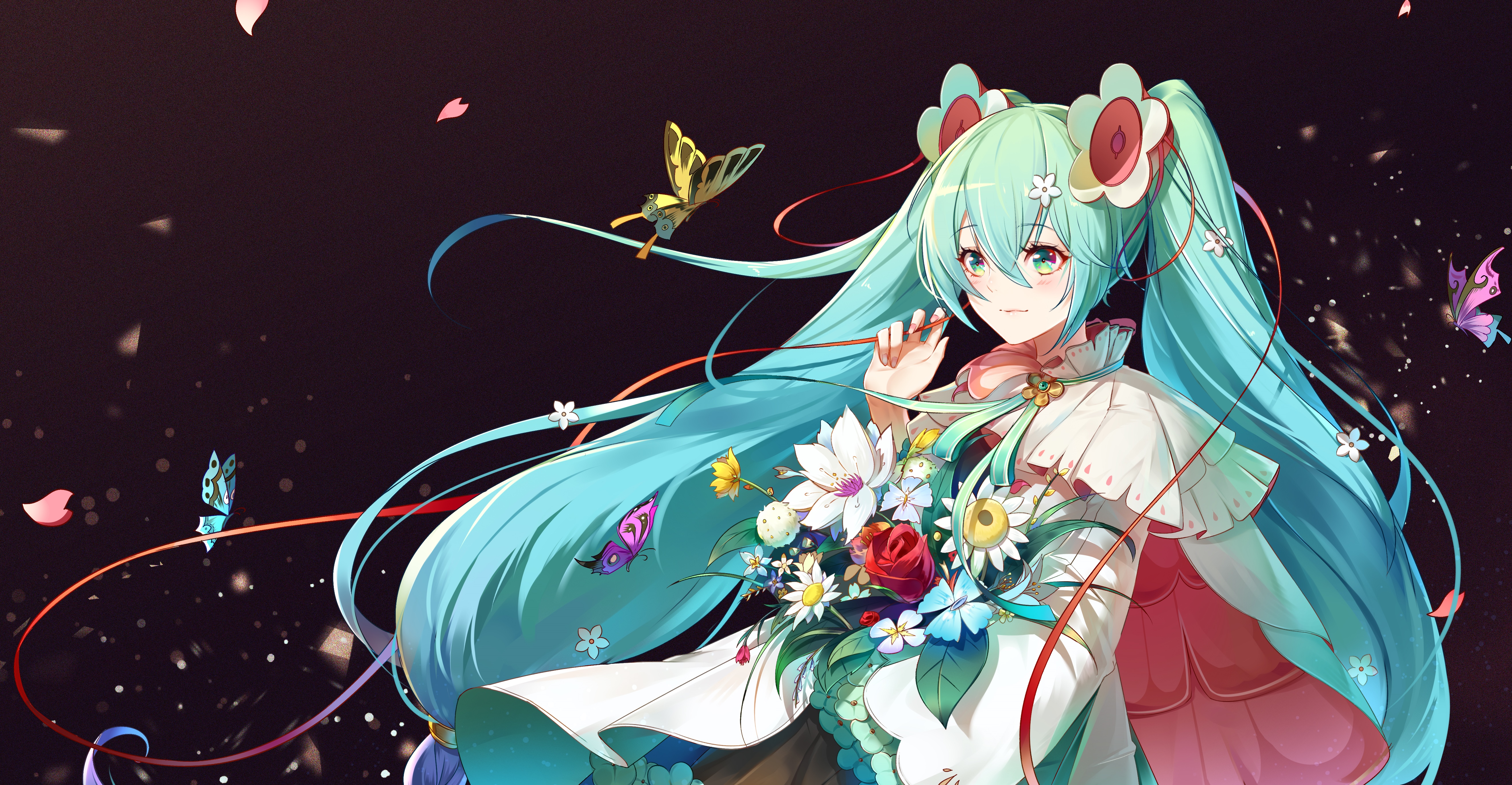 4K Hatsune Miku with Flowers and Butterflies HD Wallpaper