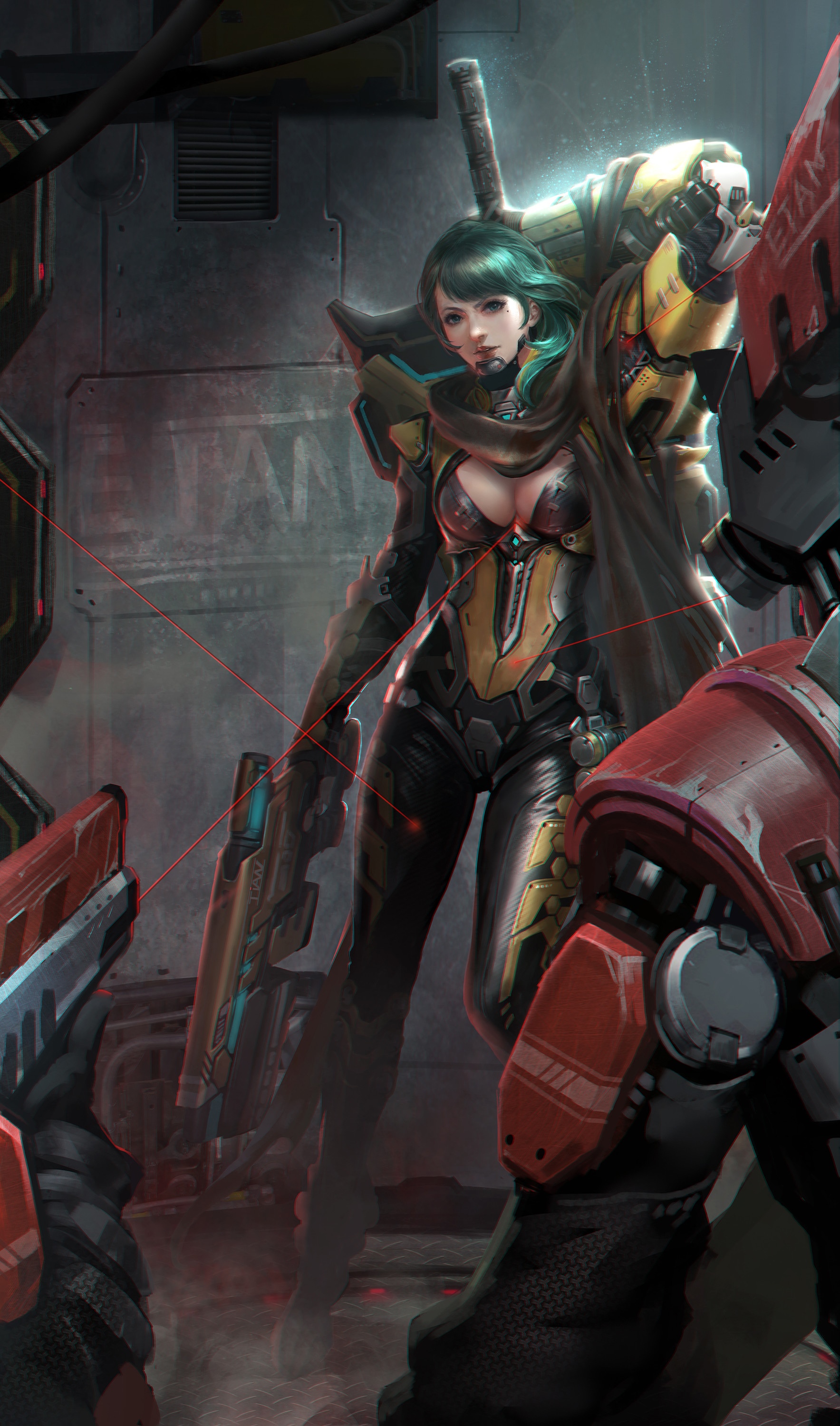 Woman in sci-fi armor with green hair and weapons HD Phone Wallpaper