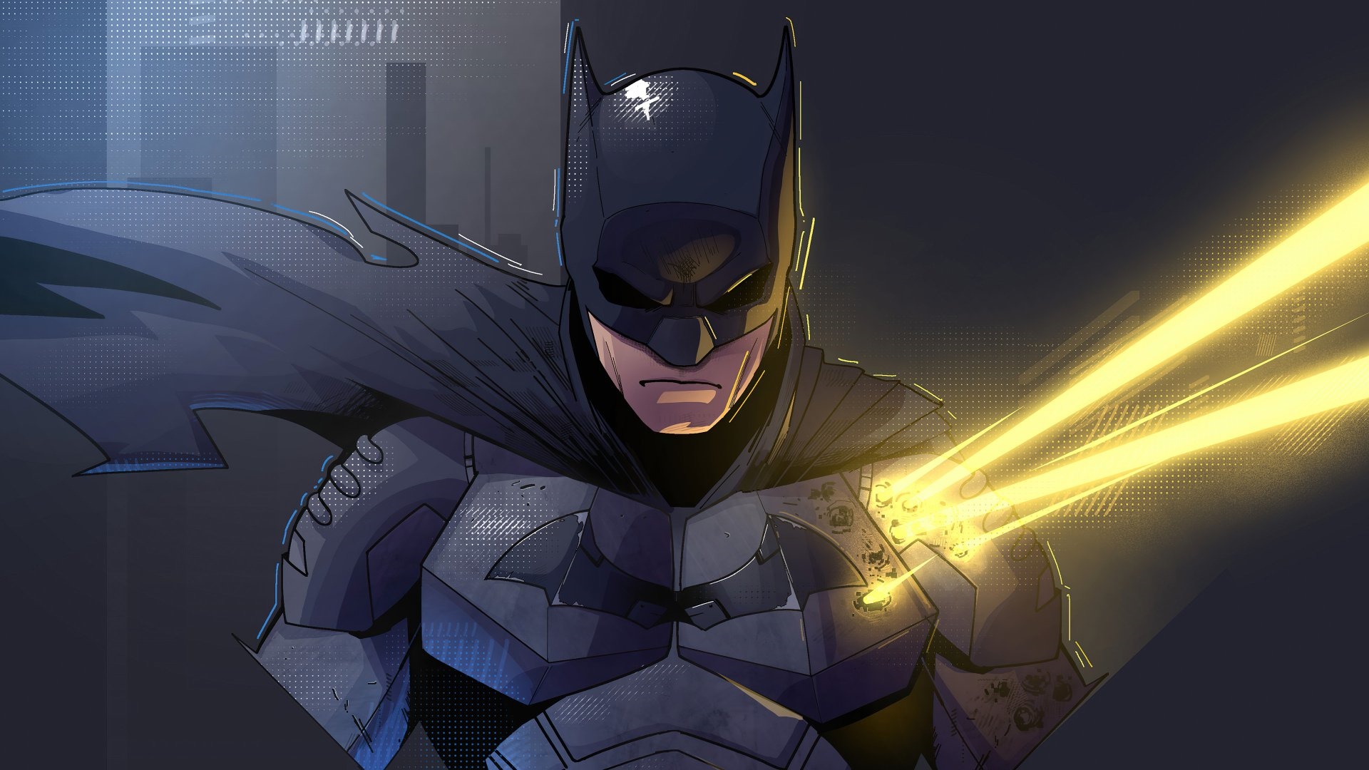 Batman in a dark city with yellow energy beams HD Wallpaper