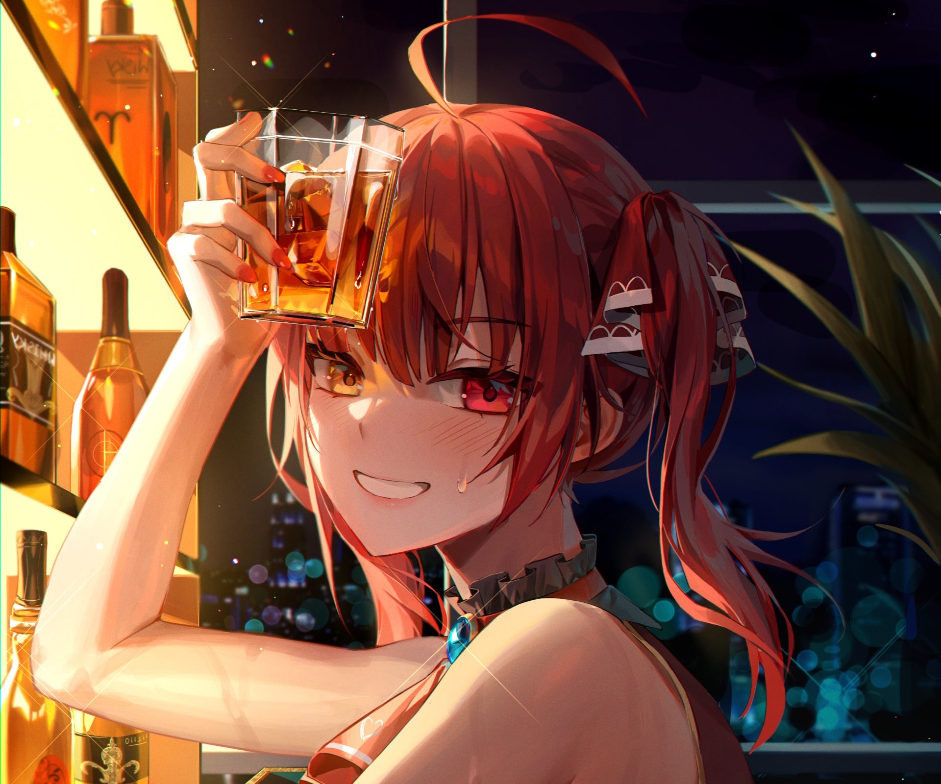 Houshou Marine holding a drink at a bar HD Wallpaper