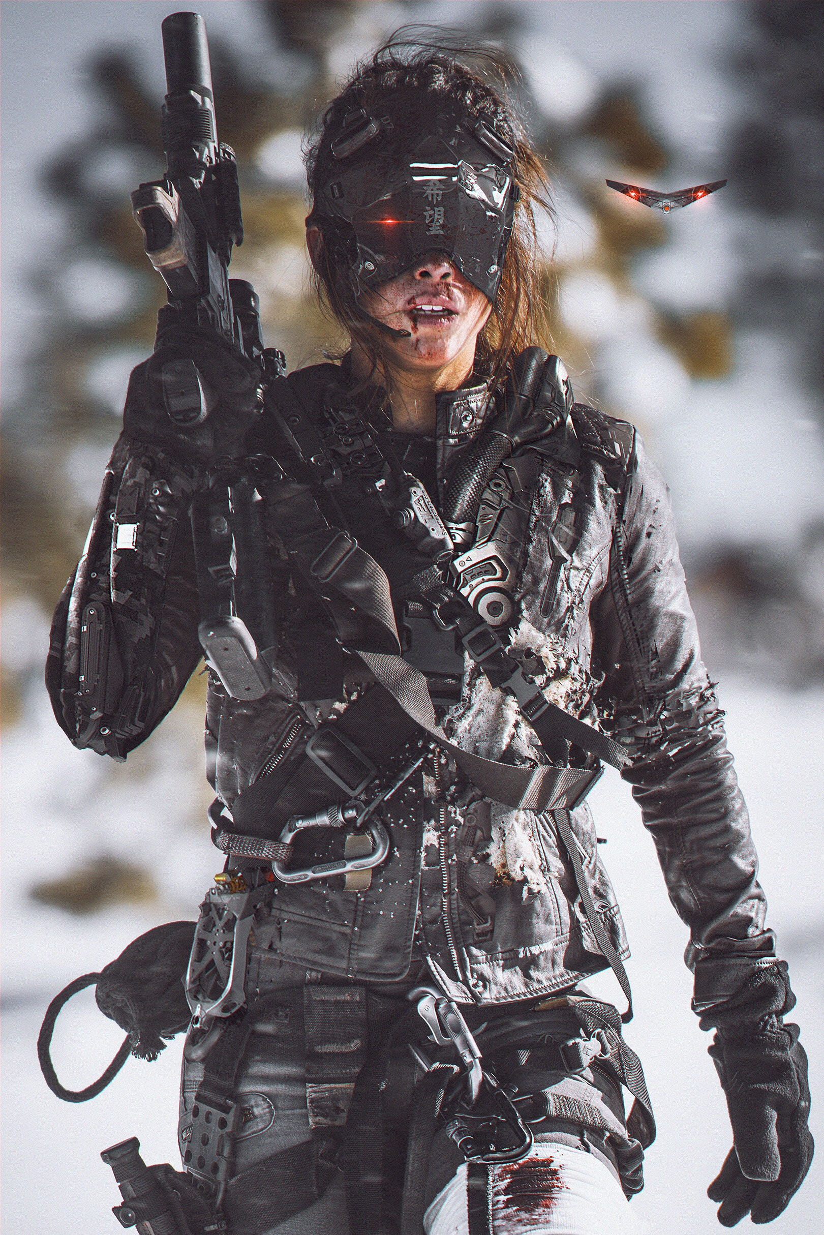 Futuristic cyborg woman with gun in snow HD Phone Wallpaper