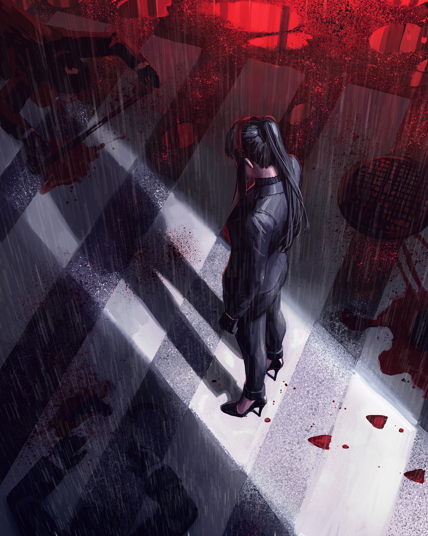 Woman in black standing in the rain with bloodstains HD Phone Wallpaper