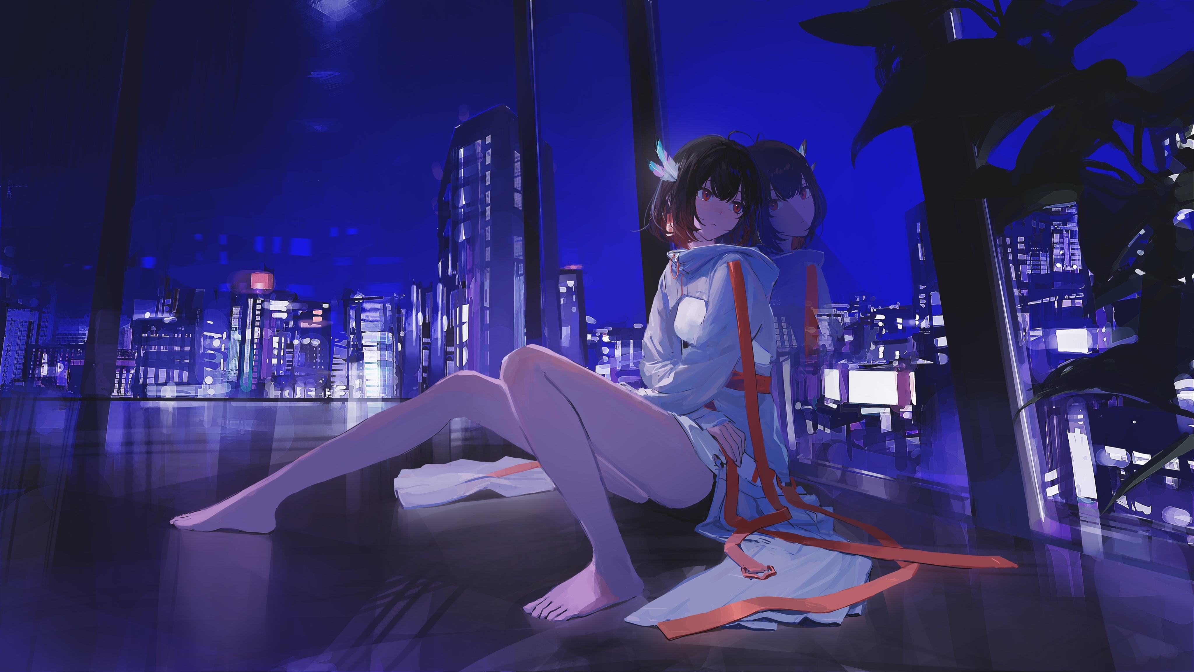 4K anime artwork of a girl in a cityscape at night HD Wallpaper