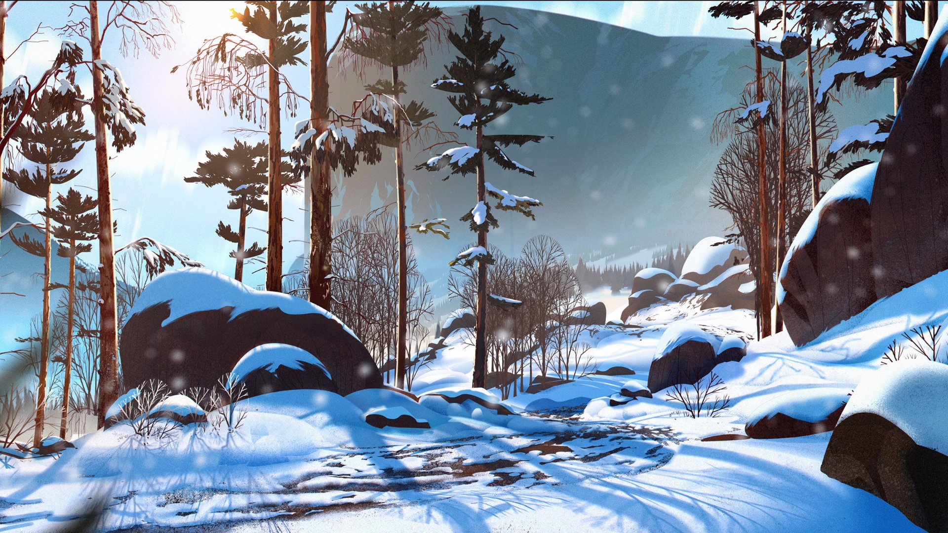 Snowy forest with mountains and birds HD Wallpaper