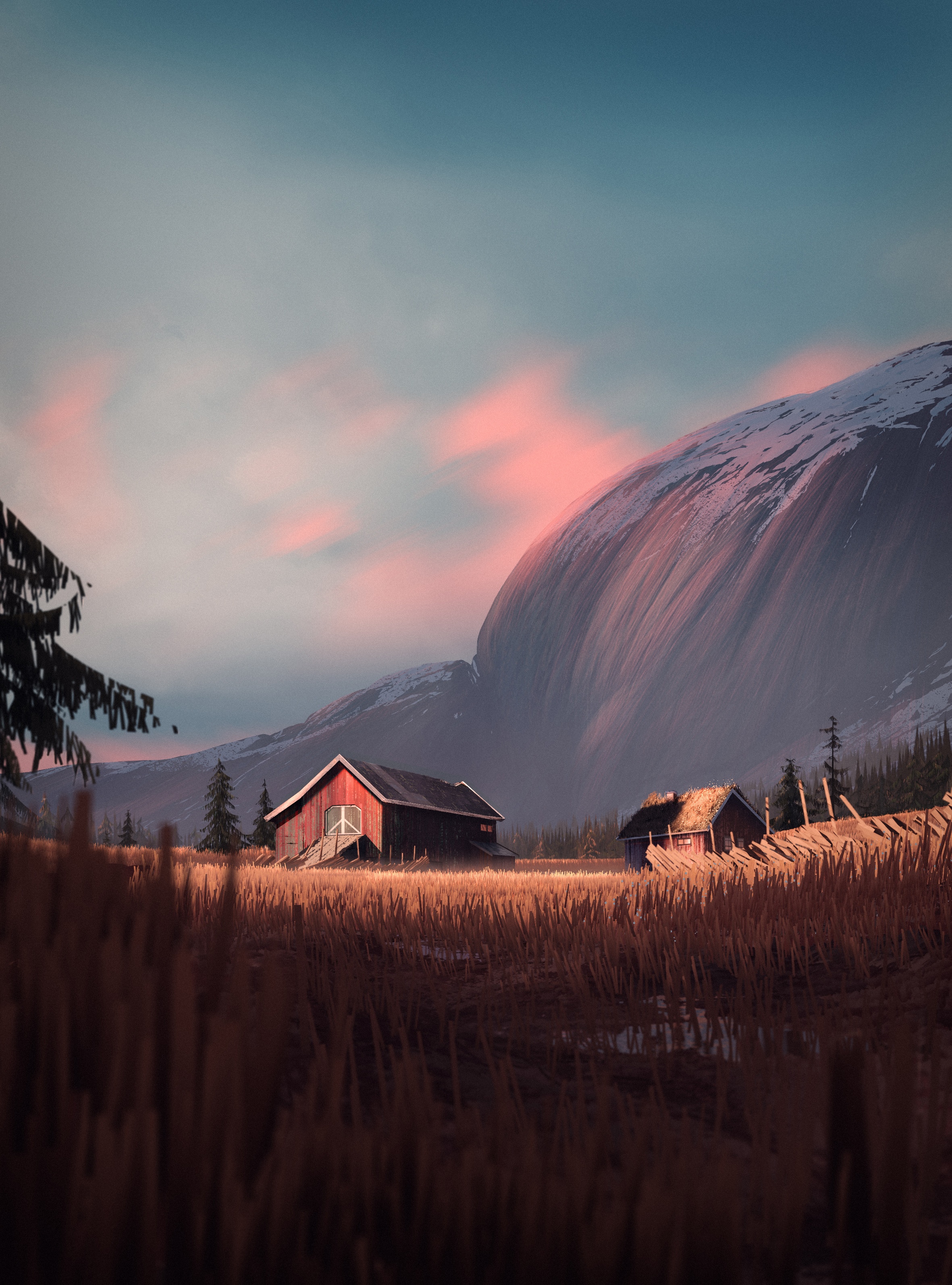 Barns in a snowy mountain landscape at sunset HD Phone Wallpaper