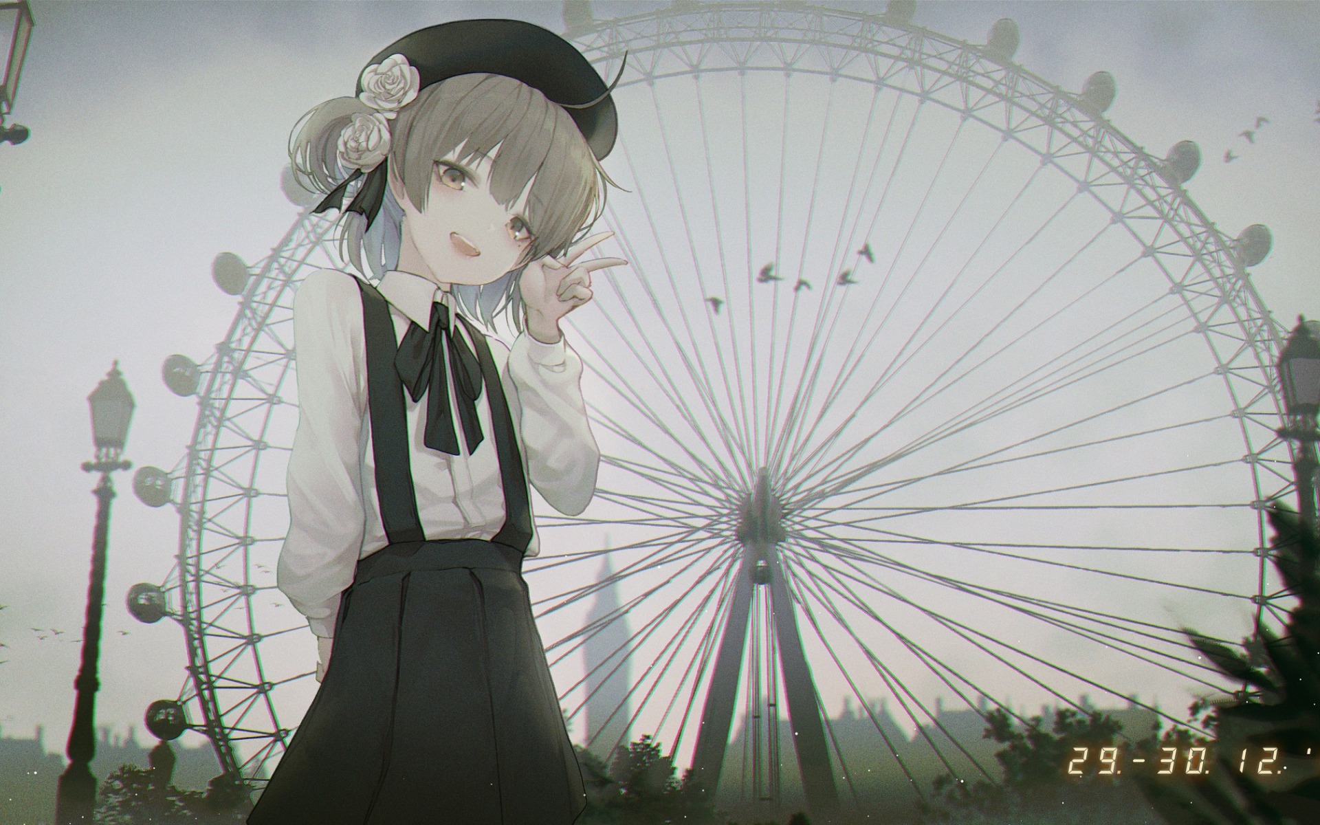 Hatoba Tsugu in front of a Ferris Wheel HD Wallpaper