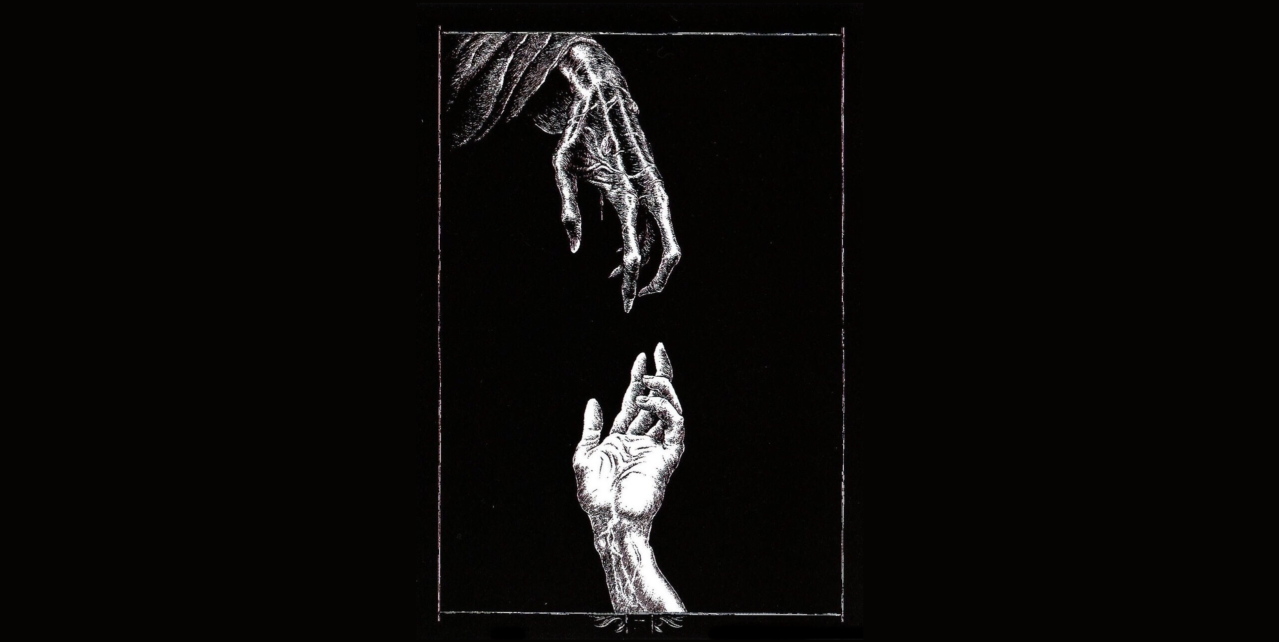 Monochrome illustration of two hands reaching HD Wallpaper