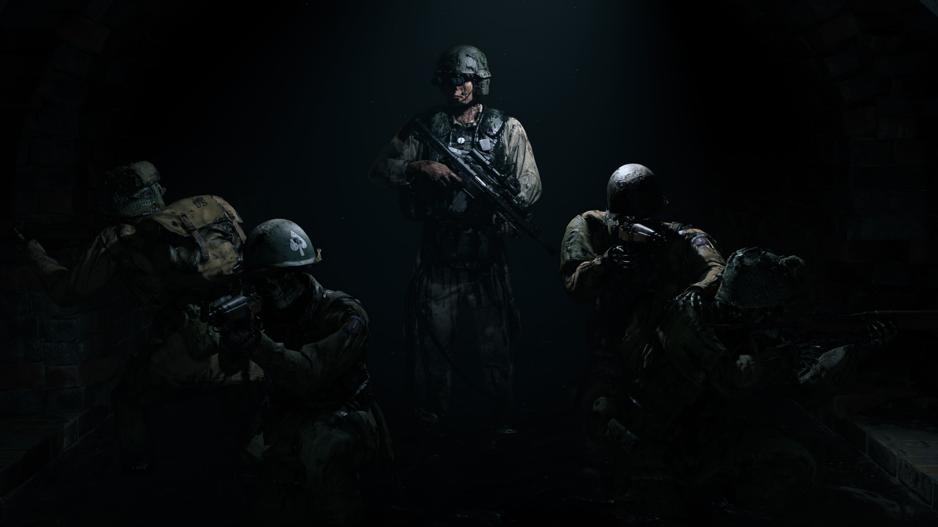 Soldiers in a dark, underground setting HD Wallpaper