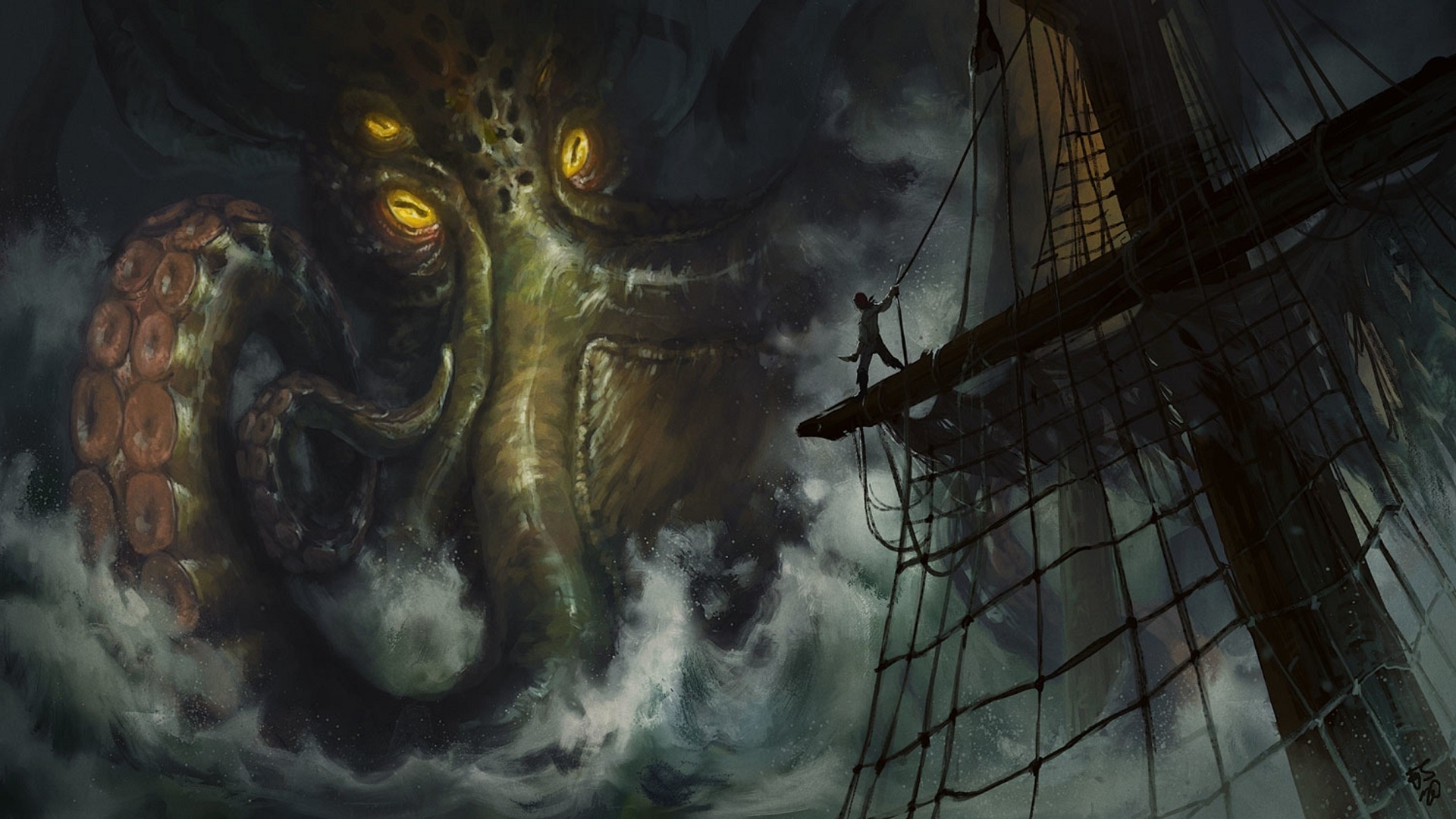 Kraken attacks a sailing ship with a sailor HD Wallpaper