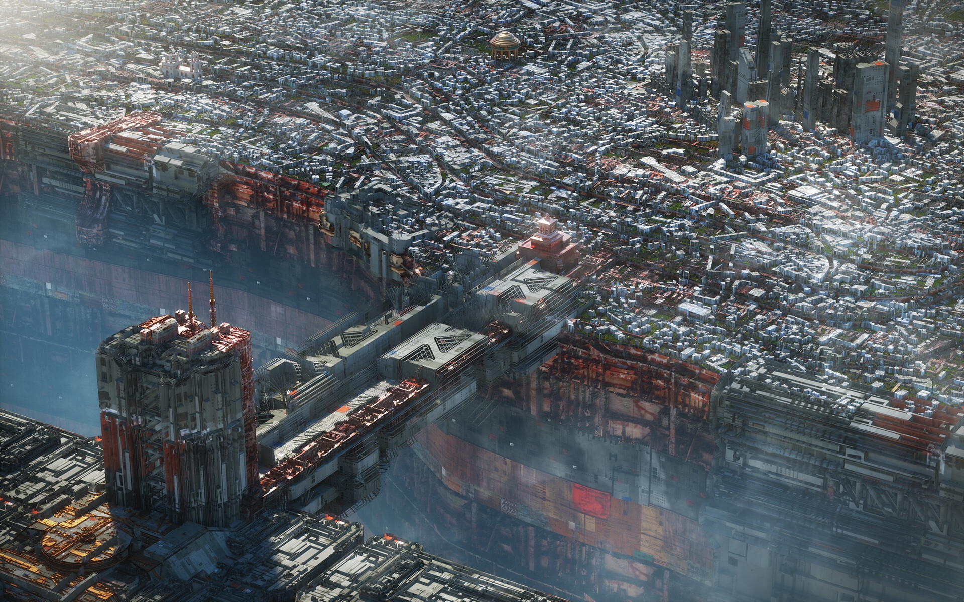 Futuristic megastructure cityscape with towering buildings HD Wallpaper