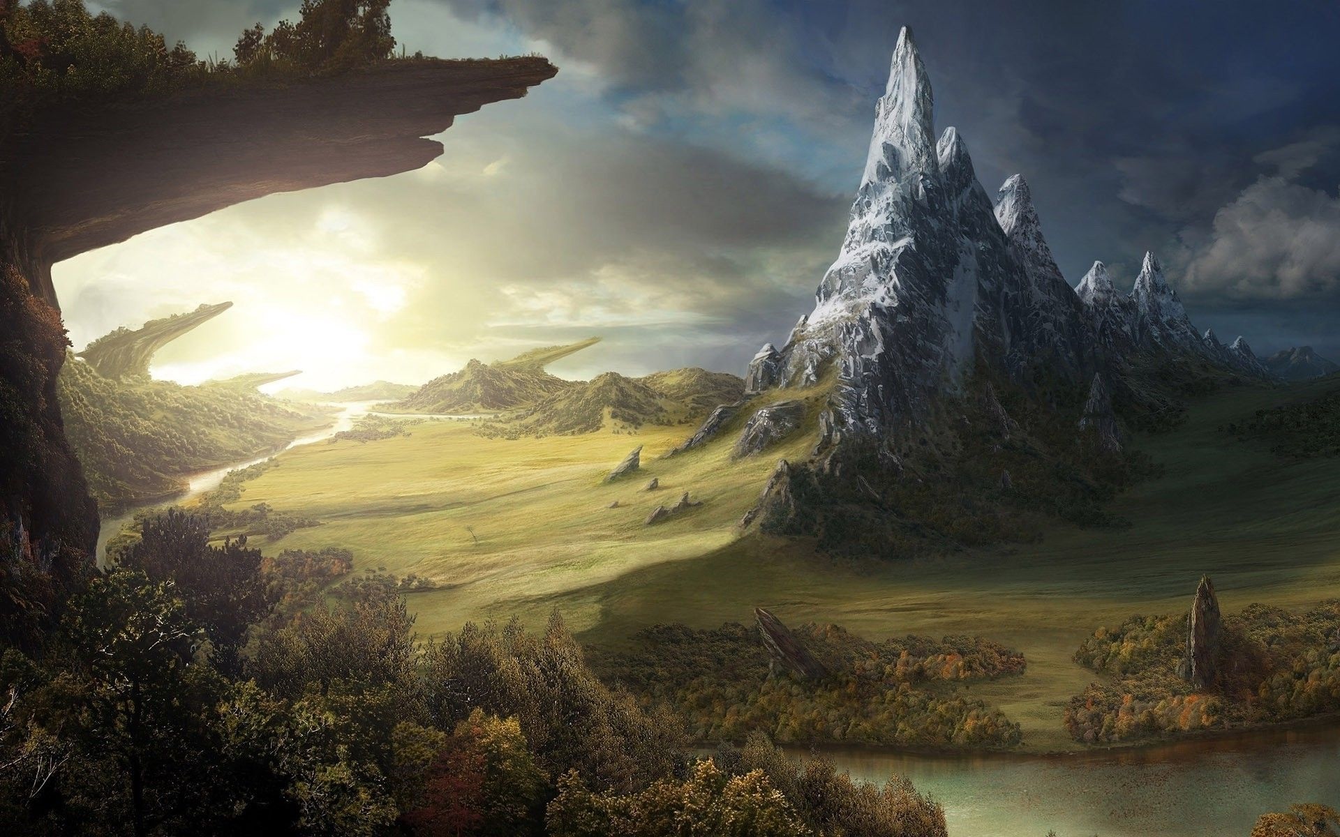 Fantasy landscape with snowy mountains and a river HD Wallpaper