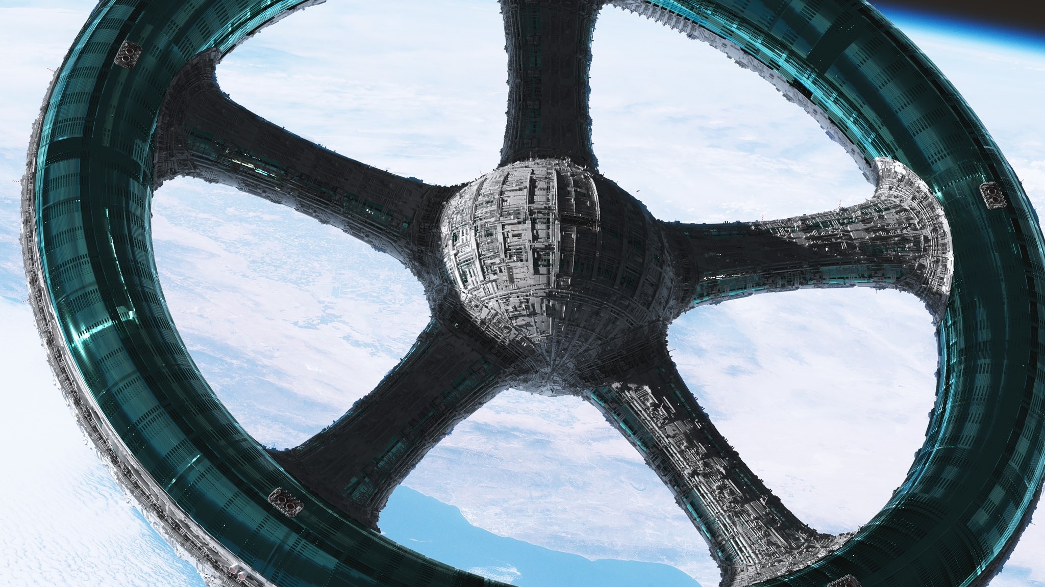 Science fiction space station orbiting Earth HD Wallpaper
