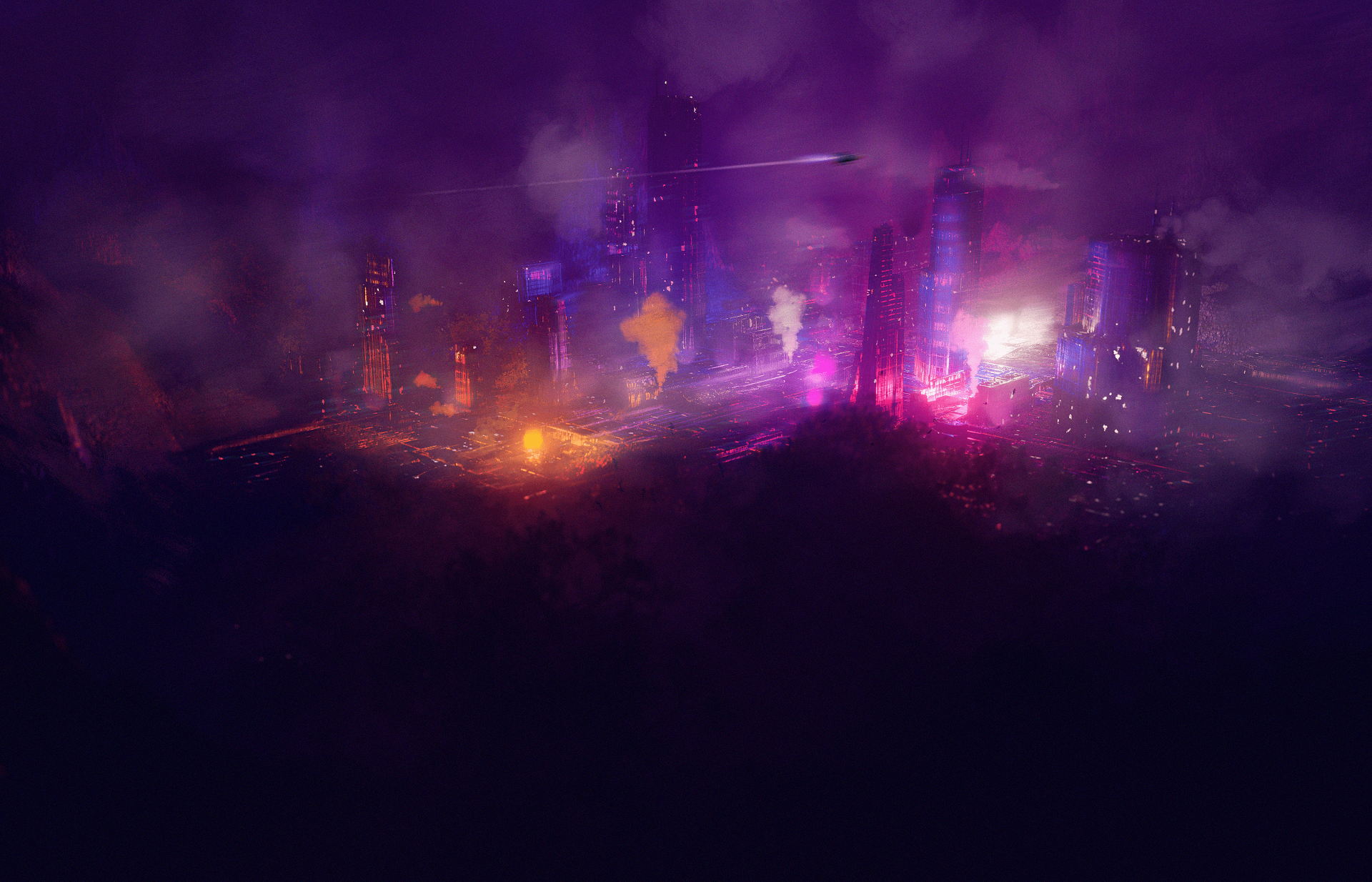 Futuristic city with glowing lights and smoke HD Wallpaper