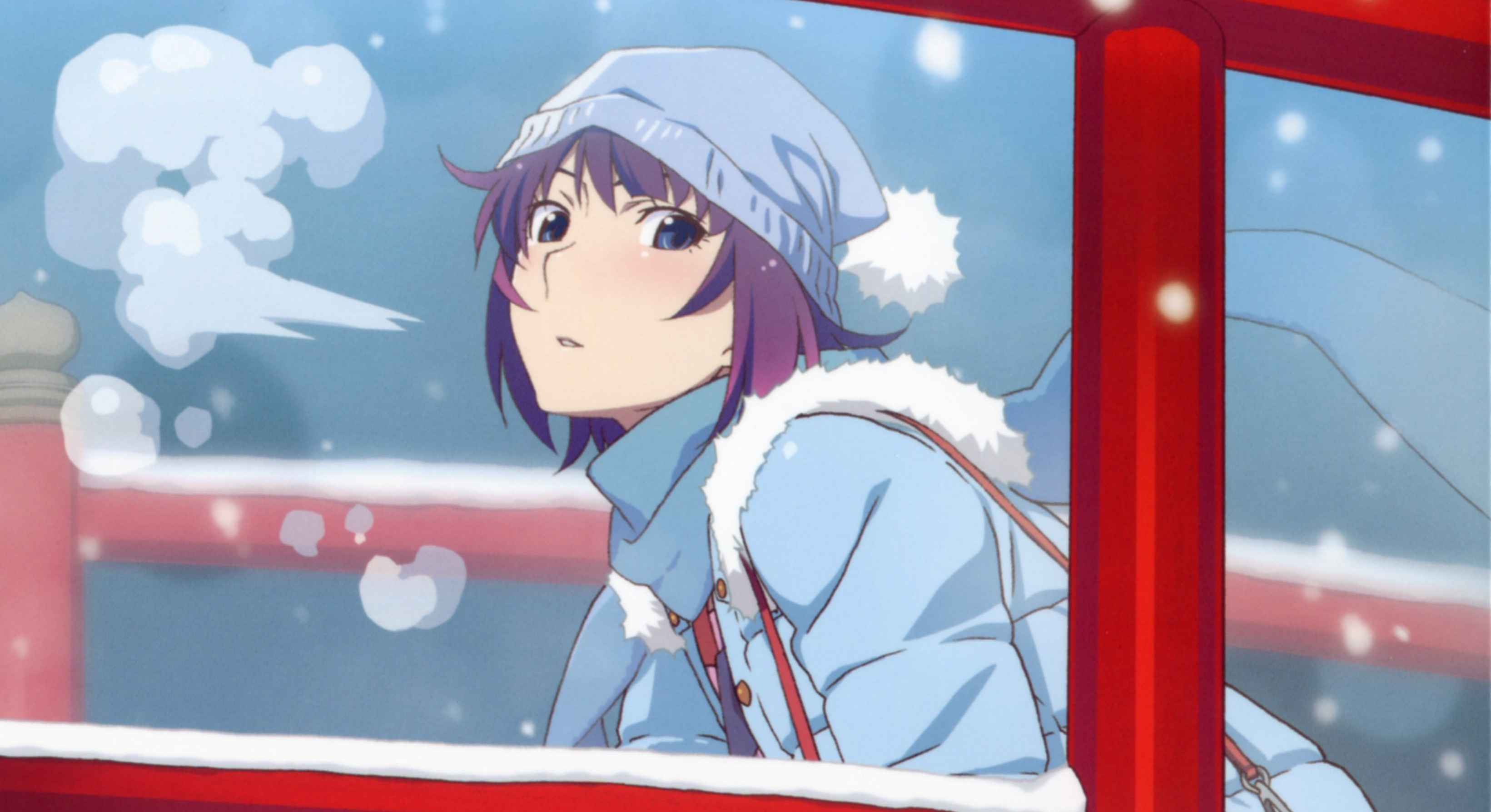 Hitagi Senjougahara in Monogatari Series wearing a beanie in snow HD Wallpaper