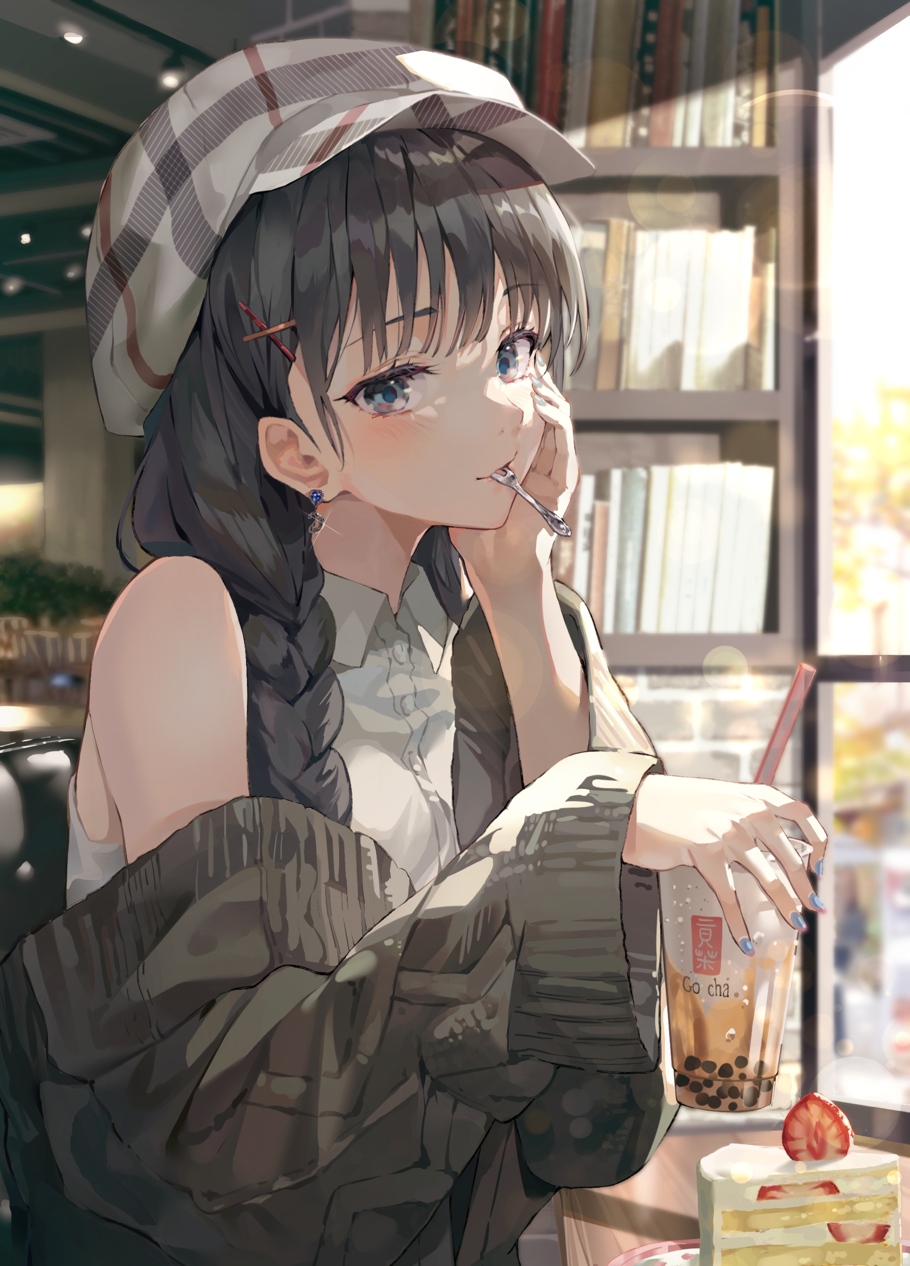 Girl with braids and hat drinking bubble tea HD Phone Wallpaper