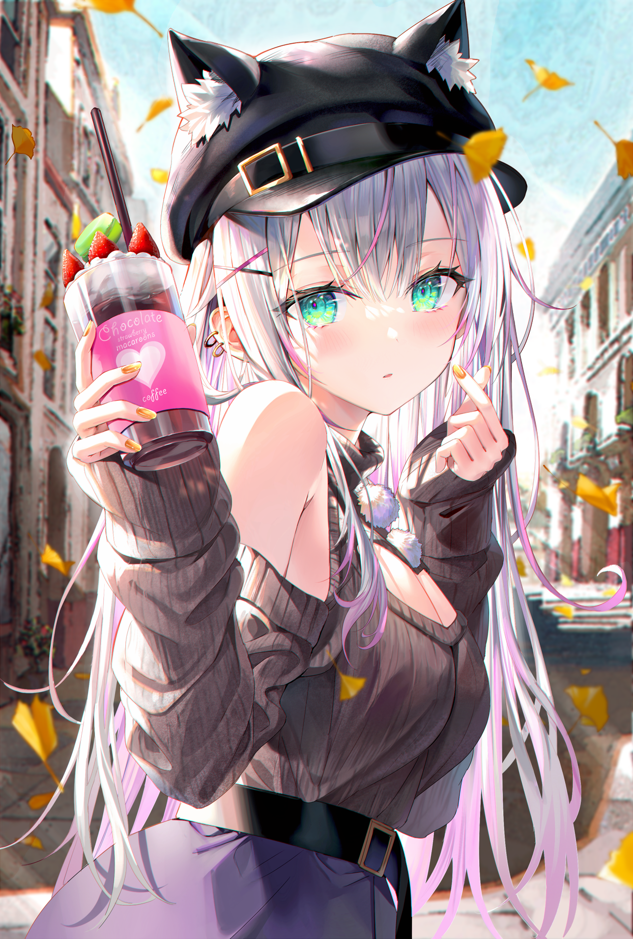 Rin Yuu with a drink and cat ears HD Phone Wallpaper
