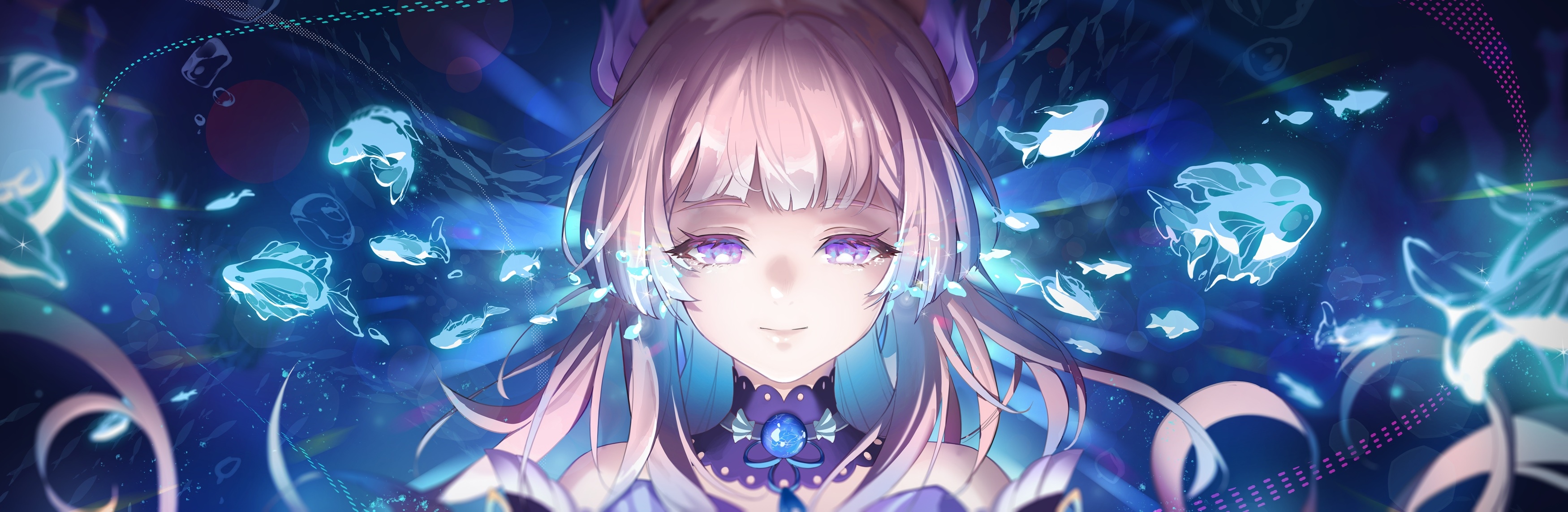 Sangonomiya Kokomi from Genshin Impact surrounded by glowing fish HD Wallpaper