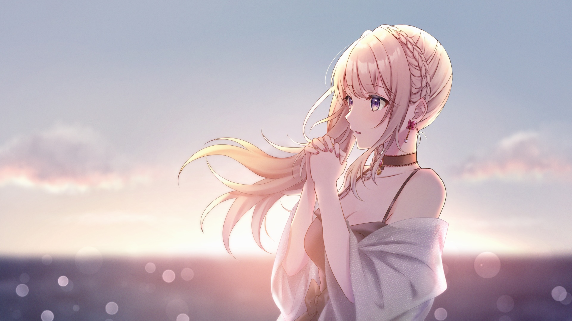 Anime girl with blonde hair by the sea HD Wallpaper