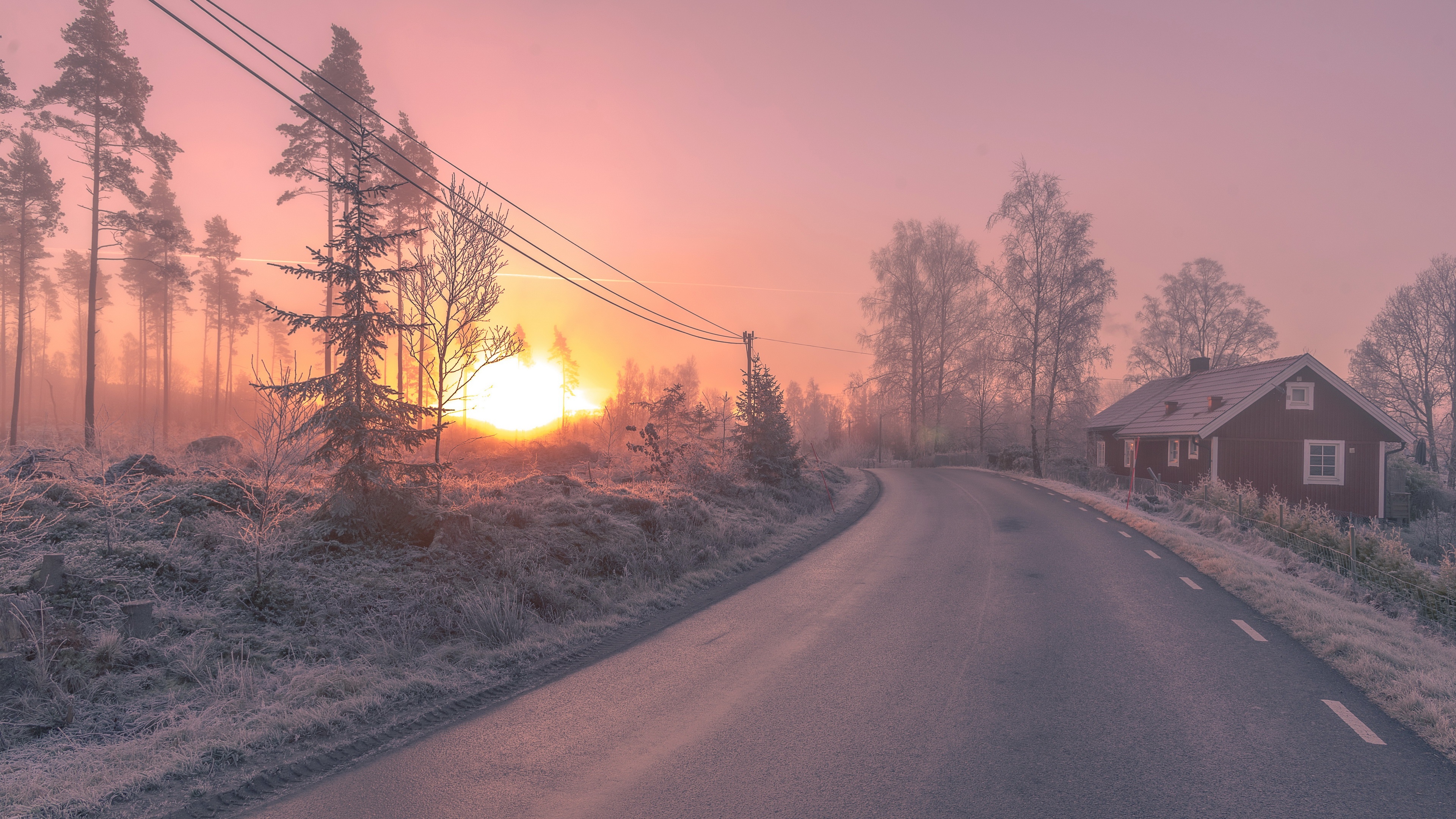 4K Winter Sunrise Over Frosty Road and Red House HD Wallpaper