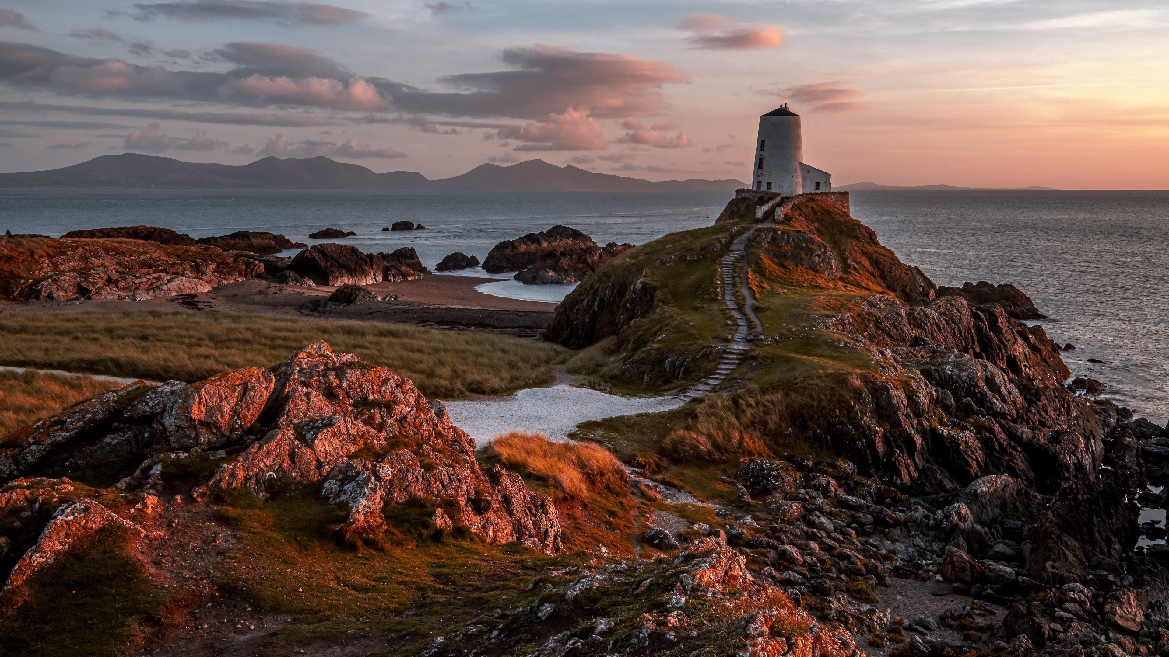 4K Lighthouse on Llanddwyn Island, Wales Coast at Sunset HD Wallpaper