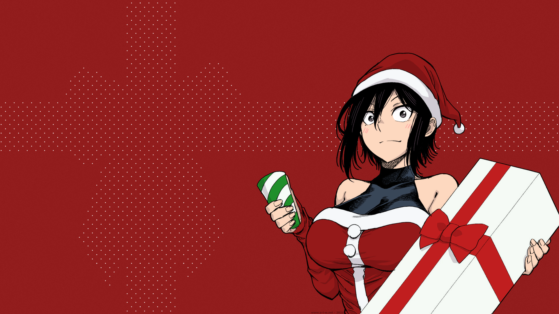 Hitomi Takano in Christmas Clothes Holding a Gift HD Wallpaper