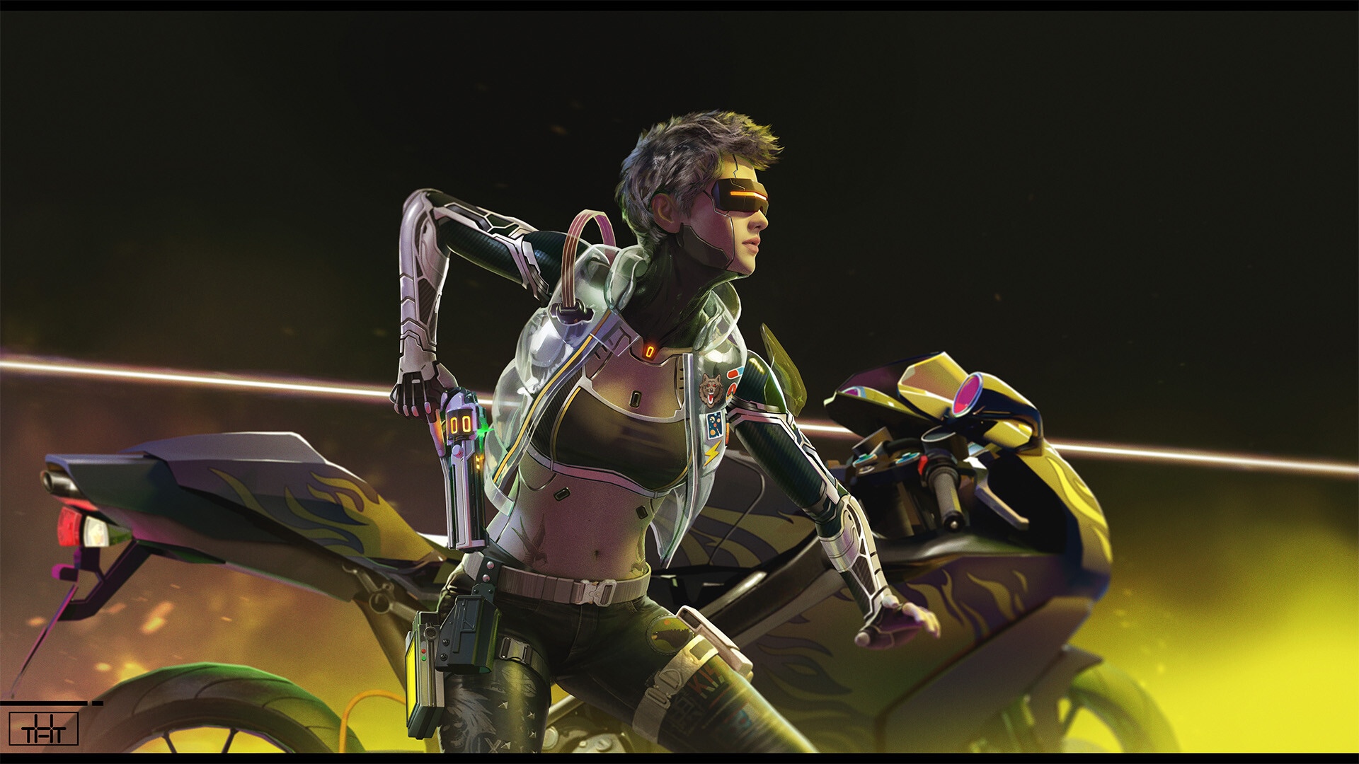 Cyberpunk woman on a motorcycle HD Wallpaper