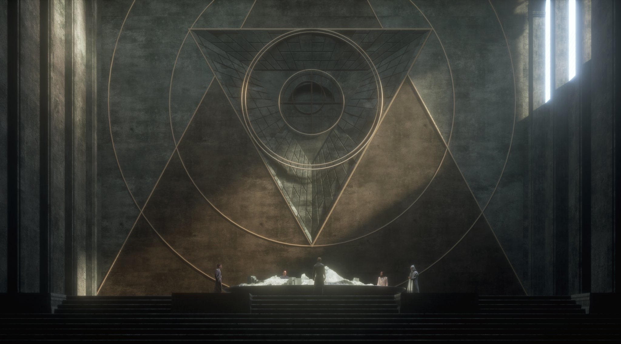 Interior of a grand hall with a triangular symbol HD Wallpaper