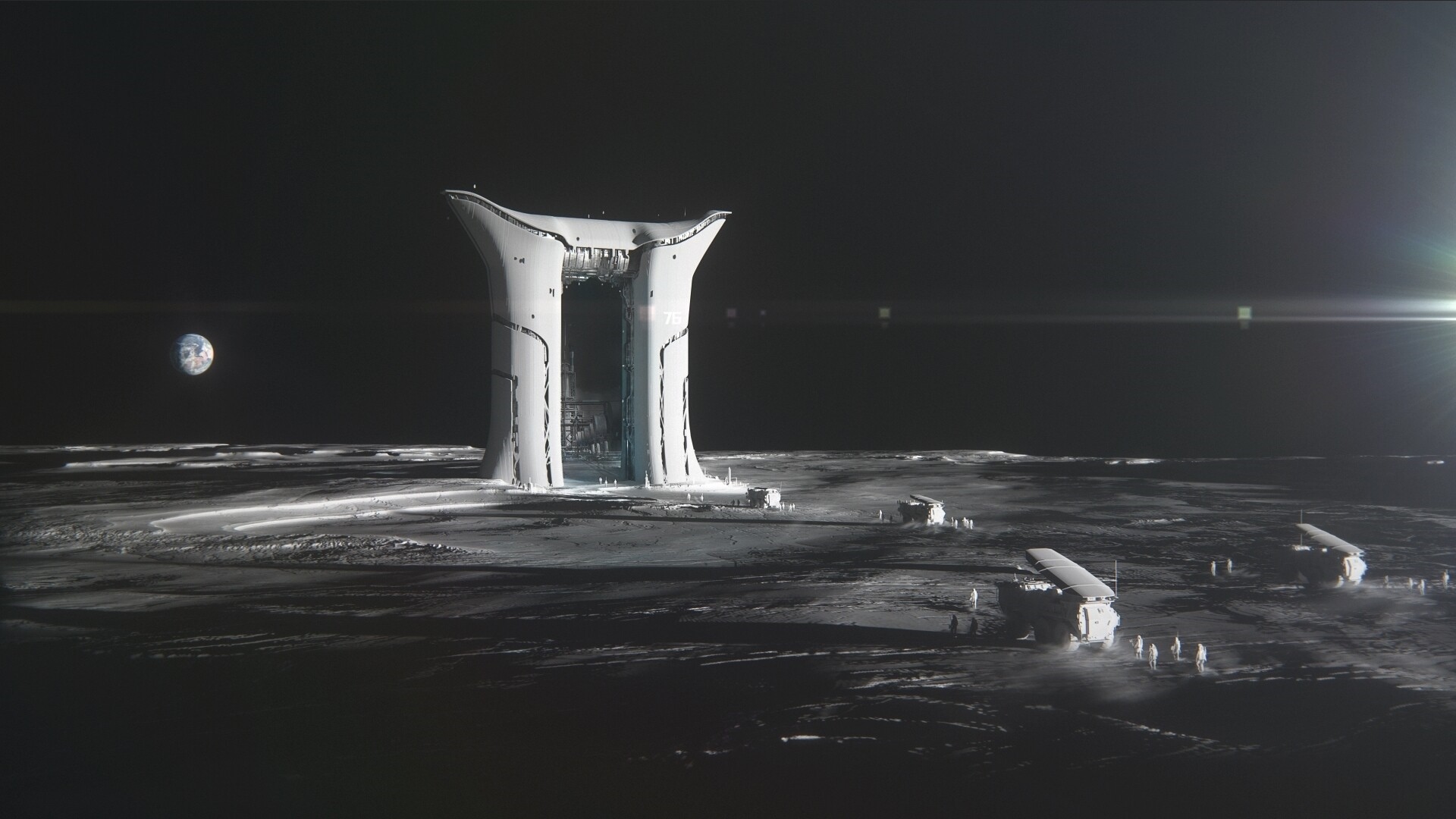 Sci-fi structures on the Moon with Earth in the background HD Wallpaper