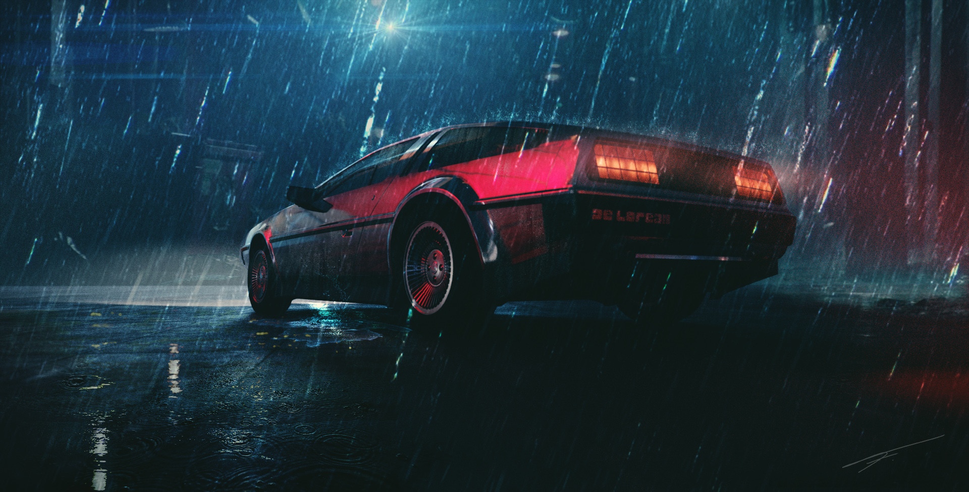 DeLorean car in the rain at night HD Wallpaper