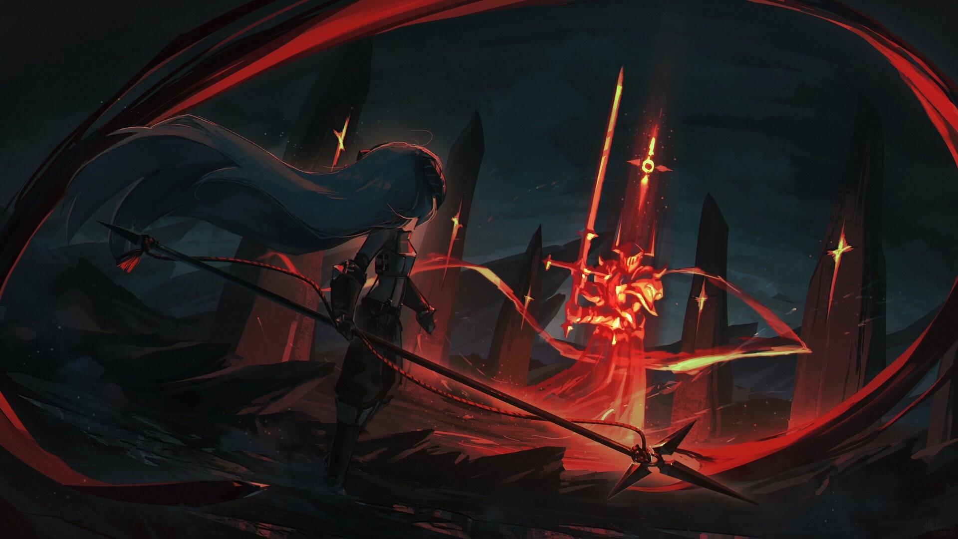 Girl with spear facing fiery knight in dark fantasy landscape HD Wallpaper