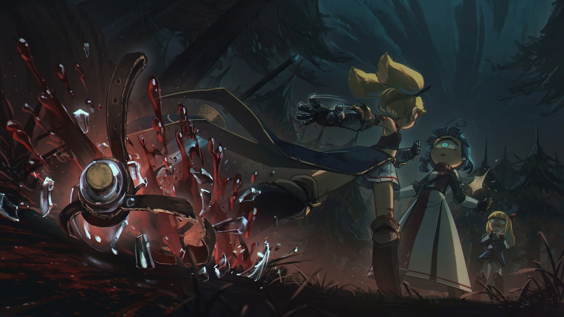 Fantasy art of characters in a dark forest HD Wallpaper