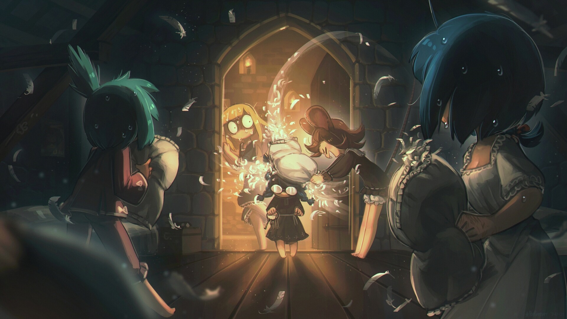 Four girls in a pillow fight in a dark room HD Wallpaper