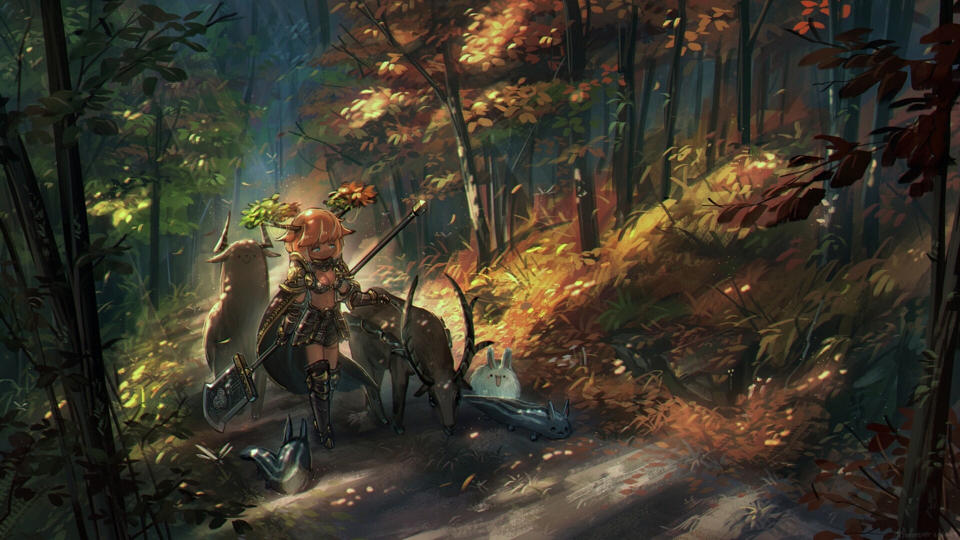 Fantasy art of a girl with deer in a forest HD Wallpaper