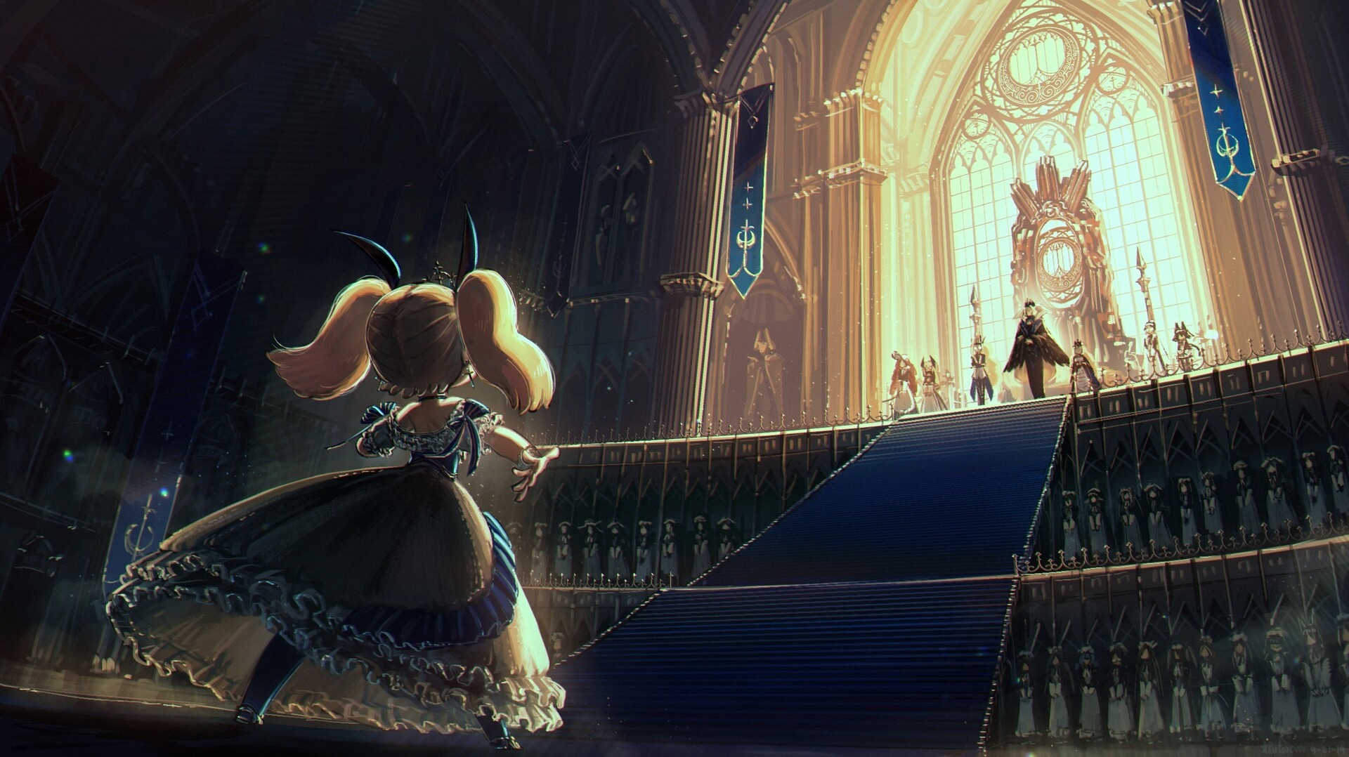 Fantasy art of a girl in a grand hall HD Wallpaper